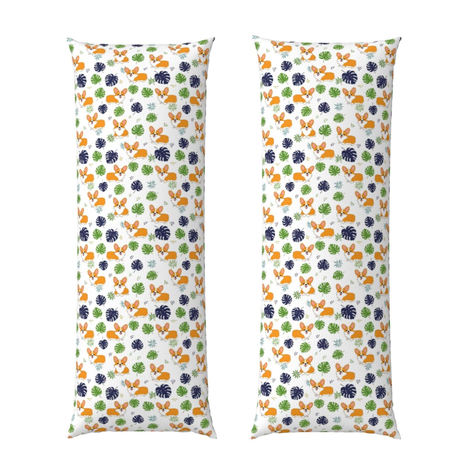Body Pillow Cover 20x60 Inch, Cute Corgi Funny Fat Dog Tropical Leaves, Long Zippered Pillowcase, Breathable Flannel Fabric, Comfortable Protector for Men Women Bed Couch