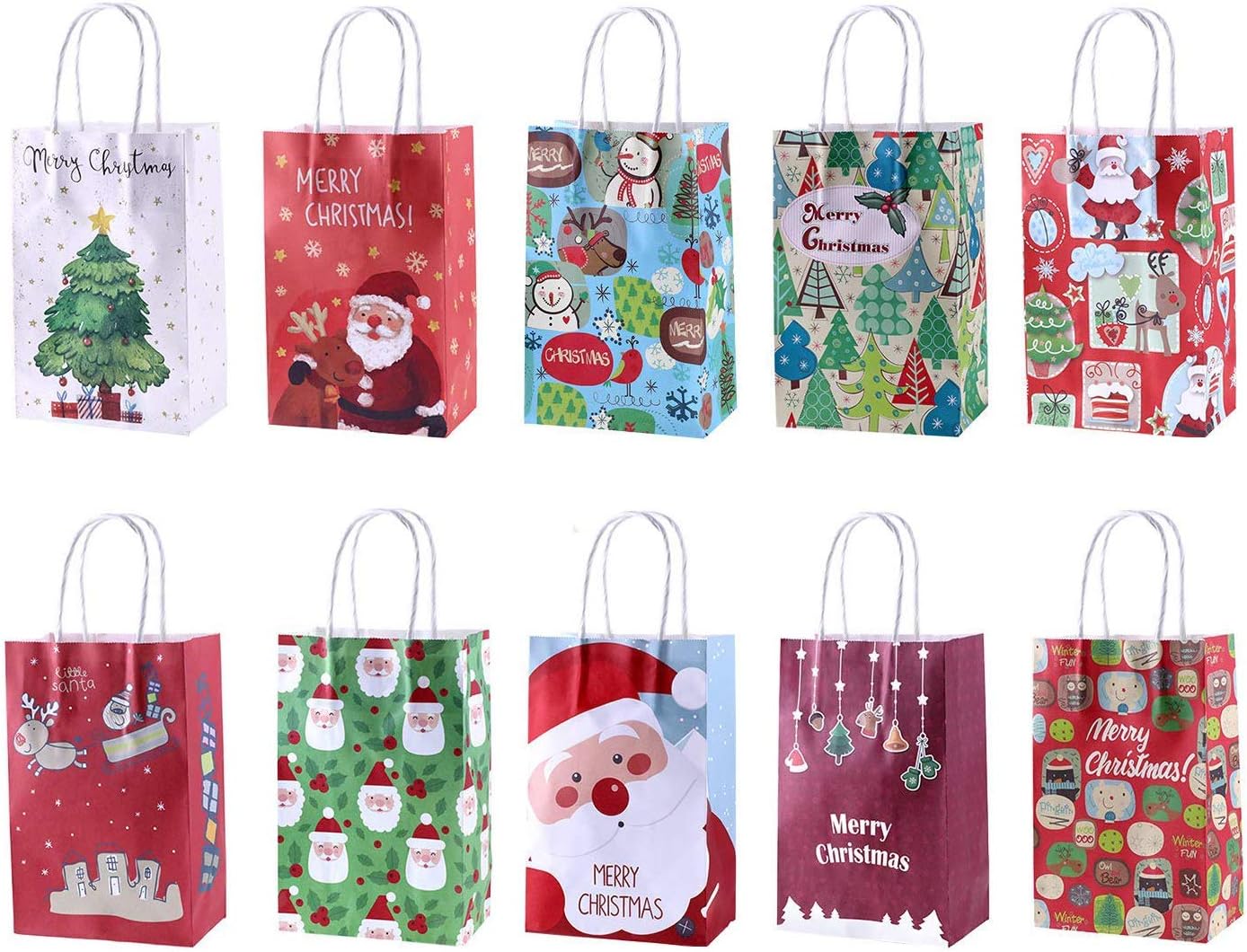 10PCS Small Christmas Paper Gift Bags with Assorted Christmas Pattern for Holiday Wrap, Xmas Goody Bags, Party Favors and Holiday Treats Box