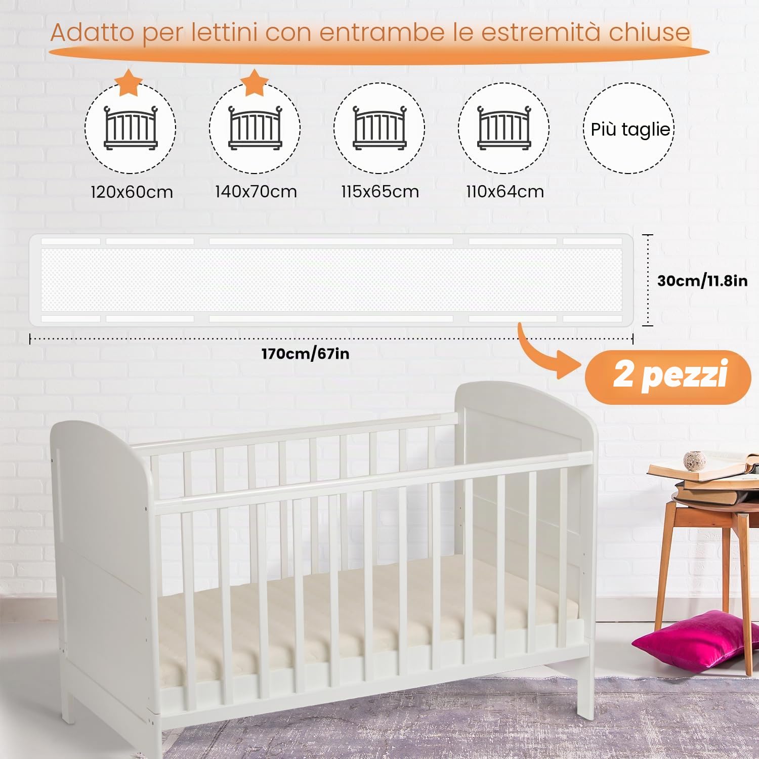 Set di 2 paracolpi traspiranti in rete per lettino, imbottiture per un sonno sicuro e confortevole, design regolabile, 32 x 22 cm, leggero e resistente, bianco