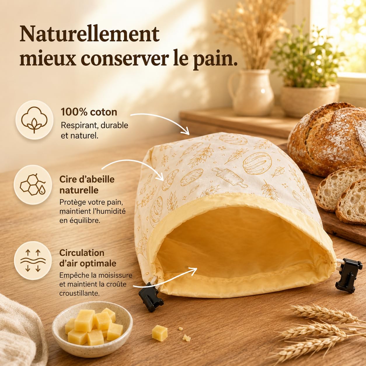 La Maison De Louise Sac À Pain En Cire D'Abeille Réutilisable Coton Naturel Conservation Fraîcheur 43x33cm (Formule 3,2PCS)
