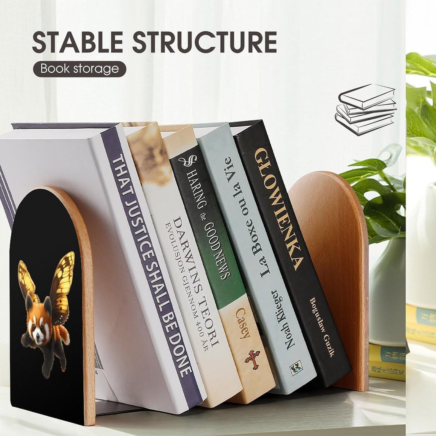 Flying Red Panda Cute Wood Book Ends Decorative Bookends 1 Pair Non-Skid for Shelves Home Office 7 X 5 Inch