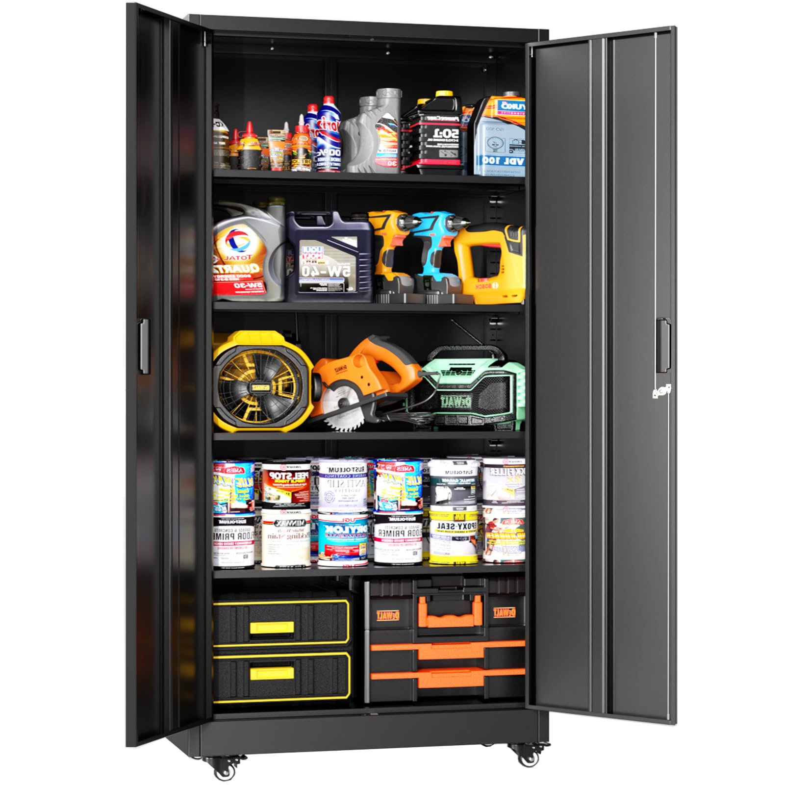 Greenvelly Metal Garage Storage Cabinet with Wheels, Black 73" Rolling Metal Cabinet with Locking Doors and Adjustable Shelves, Tool Organization with