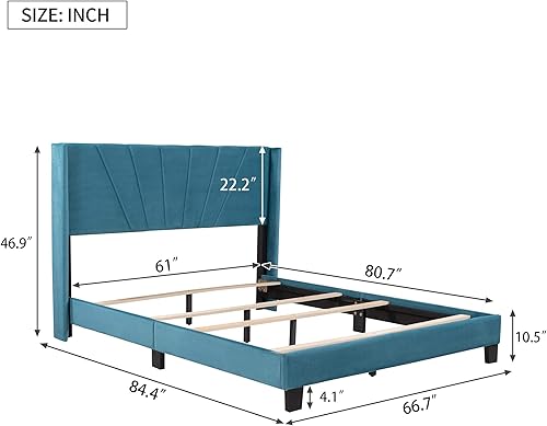 Miniatura 2 de Merax Marco de cama tapizado, base de colchón, soporte de listones de madera, necesita somier, fácil montaje, azul, tamaño Queen