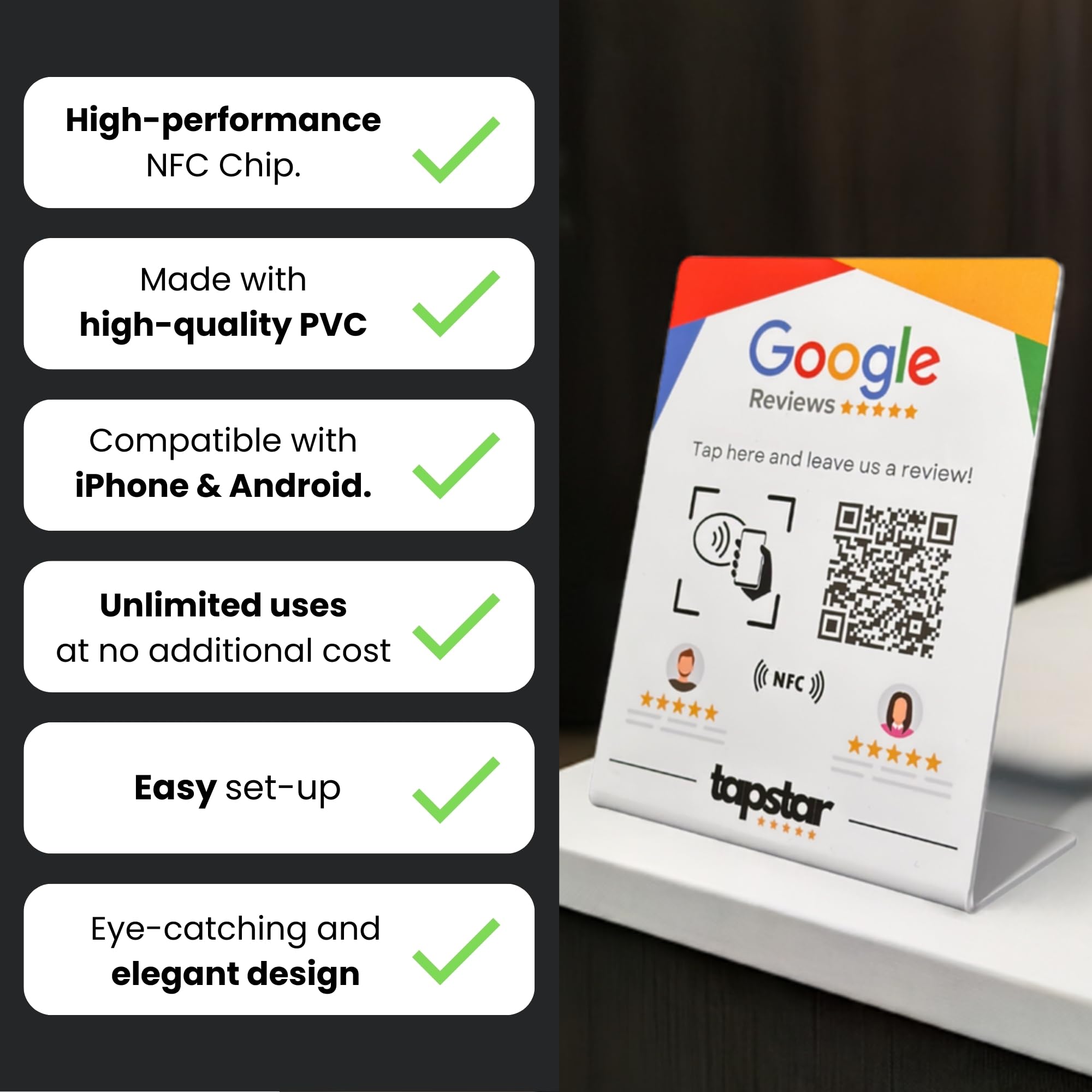 TAPSTAR Supporto Recensioni Google NFC - Stand per ottenere recensioni Google - Poster NFC Recensioni Google - Compatibile con Android & iPhone - Facile configurazione con Web App - Nessun abbonamento