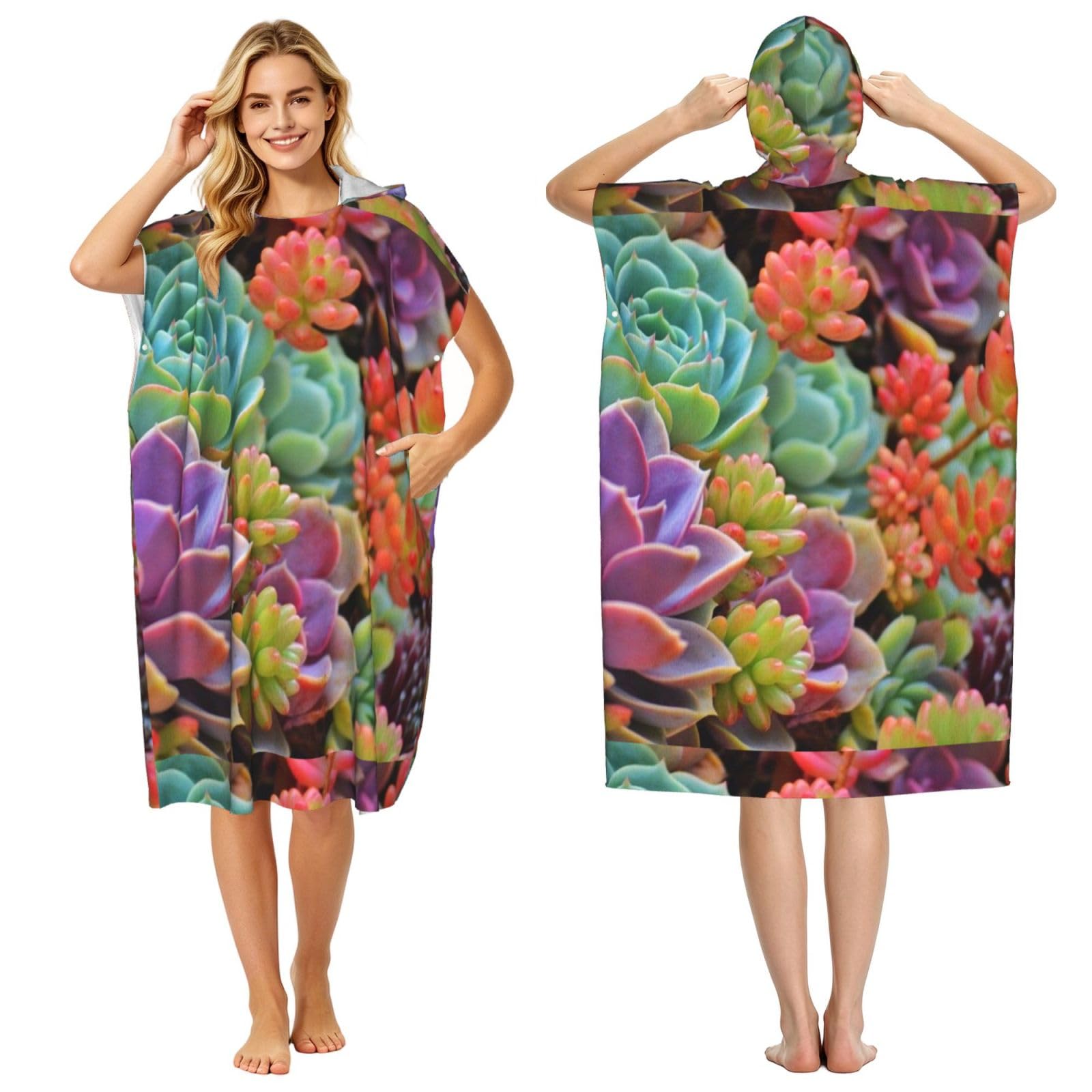 Poadnly Cute Beautiful Succulents, Adult Hooded Beach Towel 90 x 110 cm,Changing Bath Robe, Surf Poncho Towel For Women Men