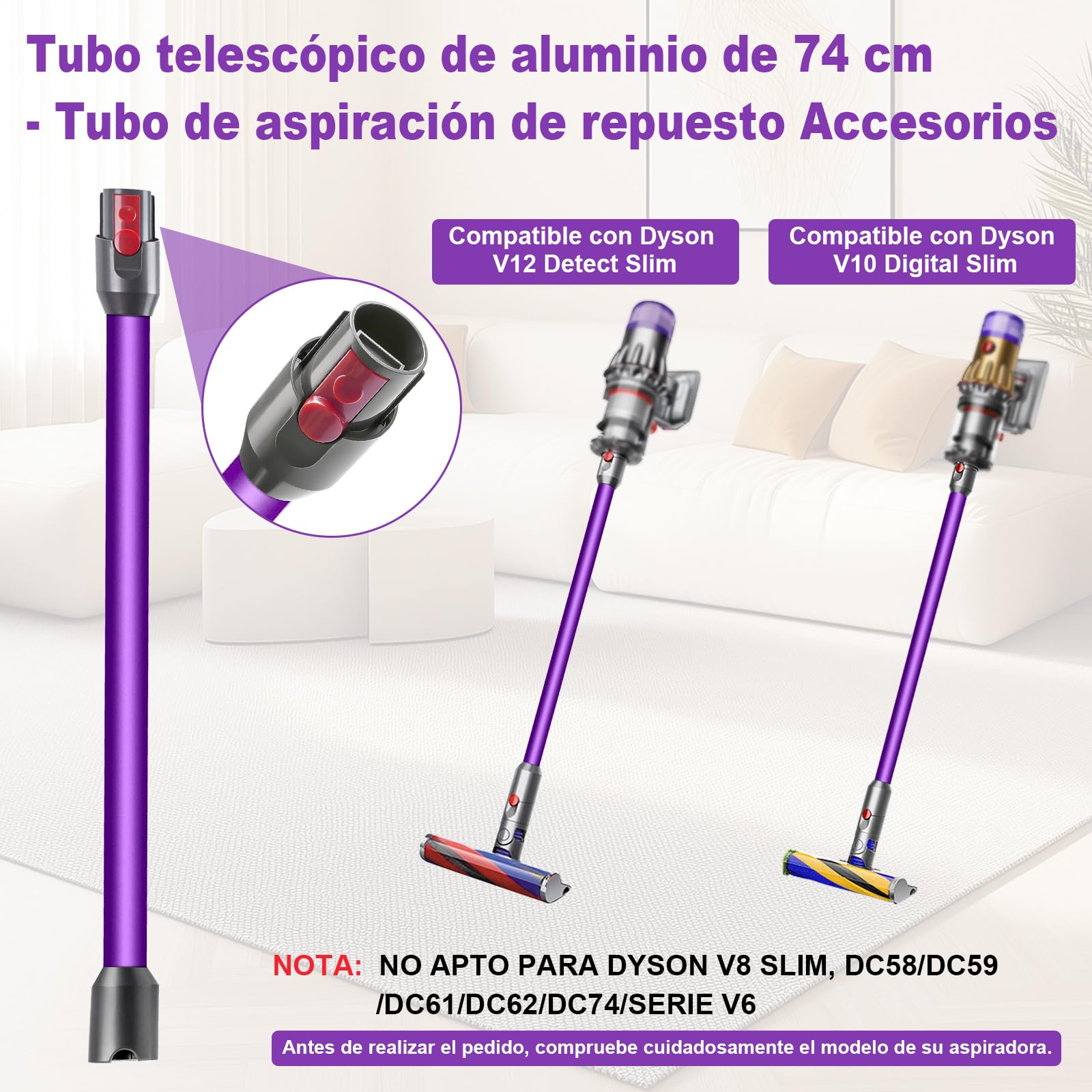 Tubo de Extensión para Dyson V12 Slim / V10 Digital Slim,Repuesto Aspiradora 74 cm Accesorio de Tubo Liberación Rápida Varilla Recambios de tubo de Aspiración Accesorios (Morado）