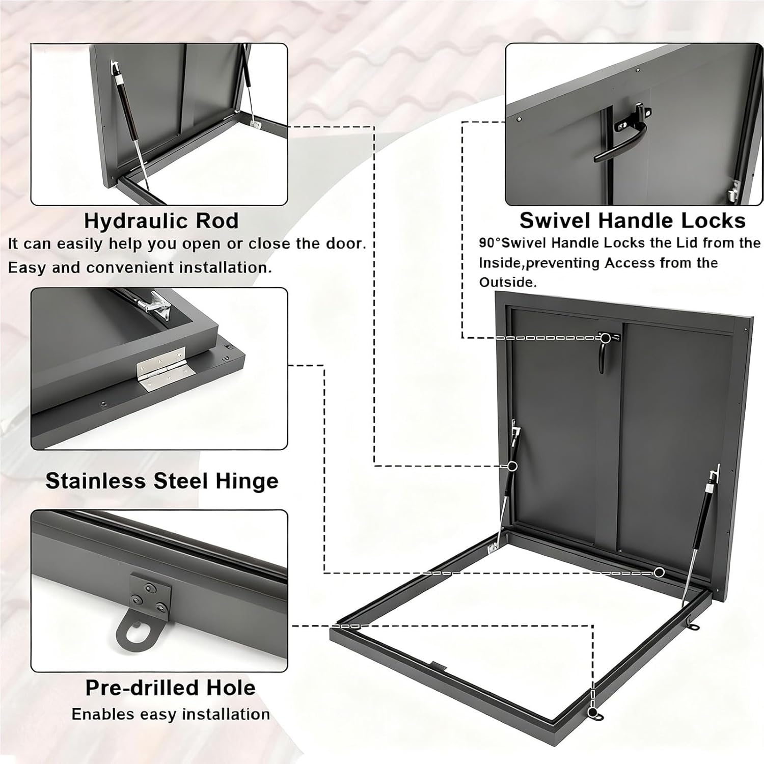 Well Access/Escape Hatch Caps, Aluminum Roof Access Hatch Lid 90° Opening for Pipe Shafts, Electrical Manholes, Residential Attics(70x70cm/27.56x27.56in)