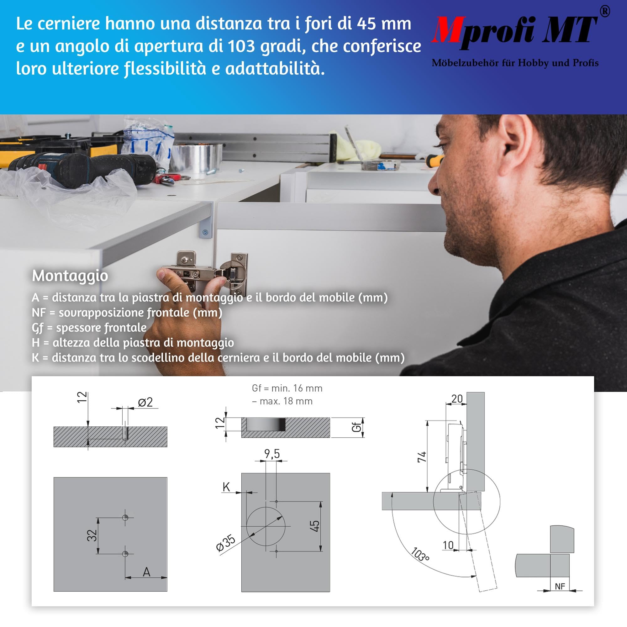 Mprofi MT® 20 Pezzi | Cerniere Ammortizzate per Ante Cucina con Piastra di Montaggio 3D | Ø35mm Battuta Esterna Clip 110° | Cerniere per Armadio | Cardini per Mobili | Cerniera a Molla