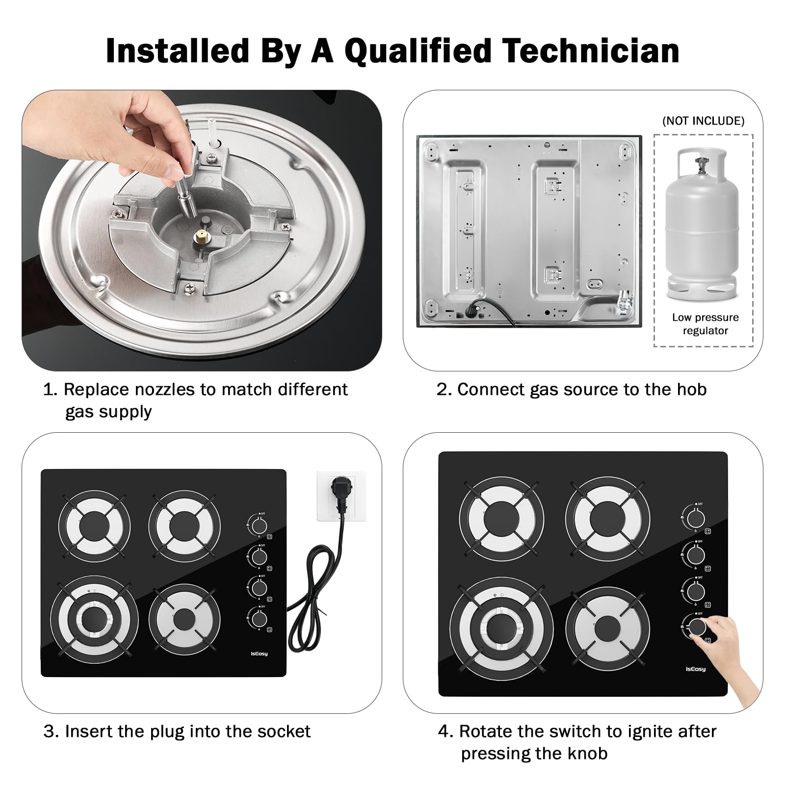 IsEasy Gas Hob 4 Burners - Black Plug in NG/LPG Gas Hob, 7800W 4 Cooking Areas Built in Glass Cooktop Hob 60cm with Cast Iron Pan Support, Thermocouple Protection, Integrated Ignition — view 9