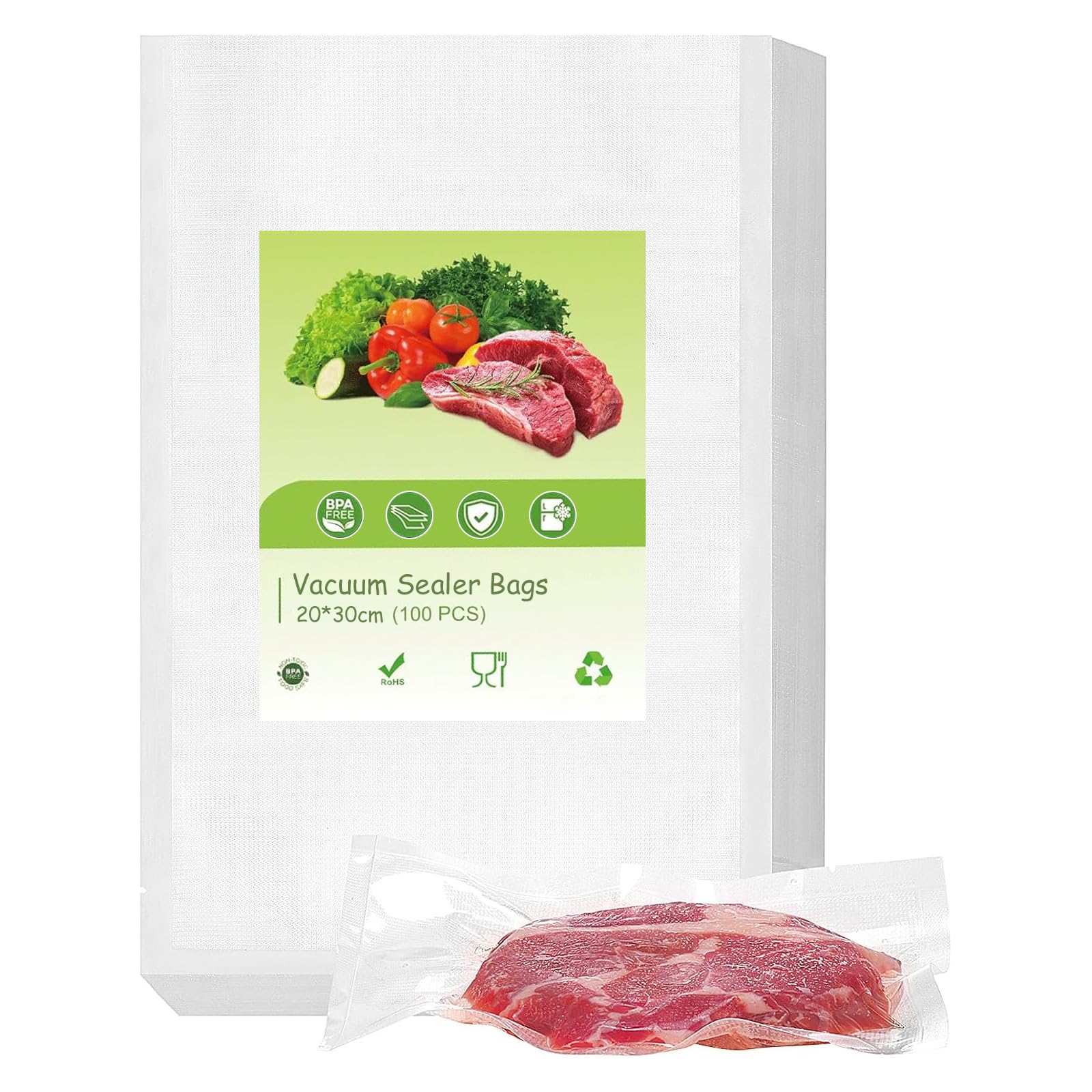 Vacuum Food Sealer Bags 100 Bags, Commercial Grade Textured Food Vacuum Sealer Bag, BPA Free, Thick Embossed Bags for Food Storage and Sous Vide Cooking (20 * 30cm)
