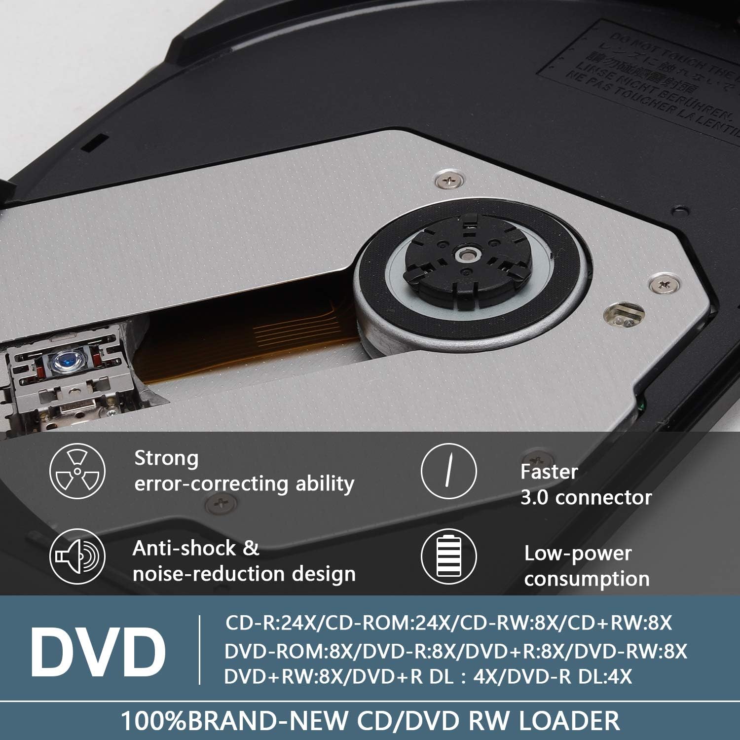 External DVD Drive, USB 3.0 CD/DVD +/-RW Drive/DVD Player Portable, Disk CD ROM Burner Suitable for Laptop Desktop PC, Compatible with Windows 7/10, Mac MacBook Pro, Linux (Jet Black)