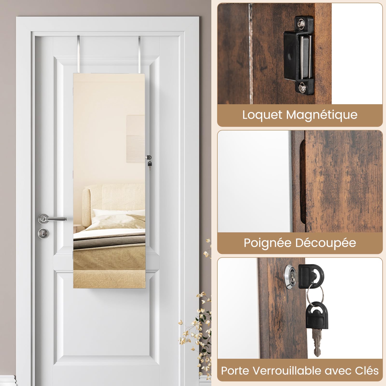 COSTWAY Armoire à Bijoux, Armoire à Bijoux Murale/de Porte avec Miroir Pleine Longueur et Miroir de Maquillage Intérieur, Cintres Réglables, Verrou, Doublure Douce, pour Chambre (Marron Rustique)