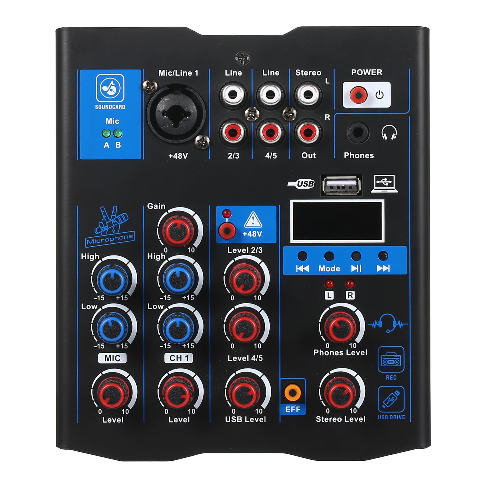 HUIOP Mixer audio professionale con doppio microfono wireless,interfaccia del sistema console della scheda audio Mixer DJ a 4 canali,adatto per altoparlante per chitarra PC DJ Karaoke,Mixer Audio Per
