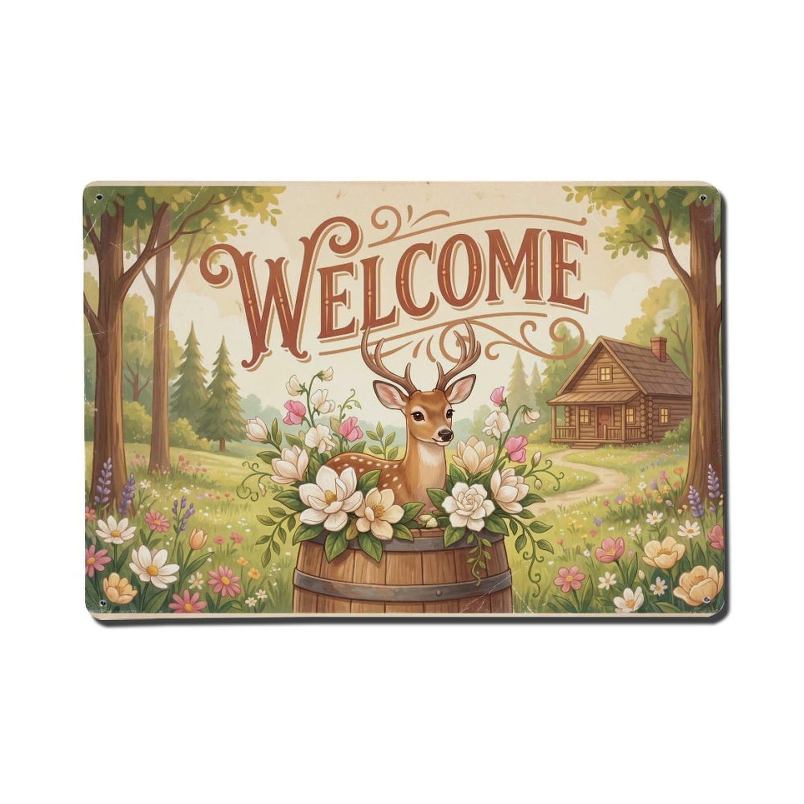 Vintage Welcome Deer Friendly Face Metal Tin Sign