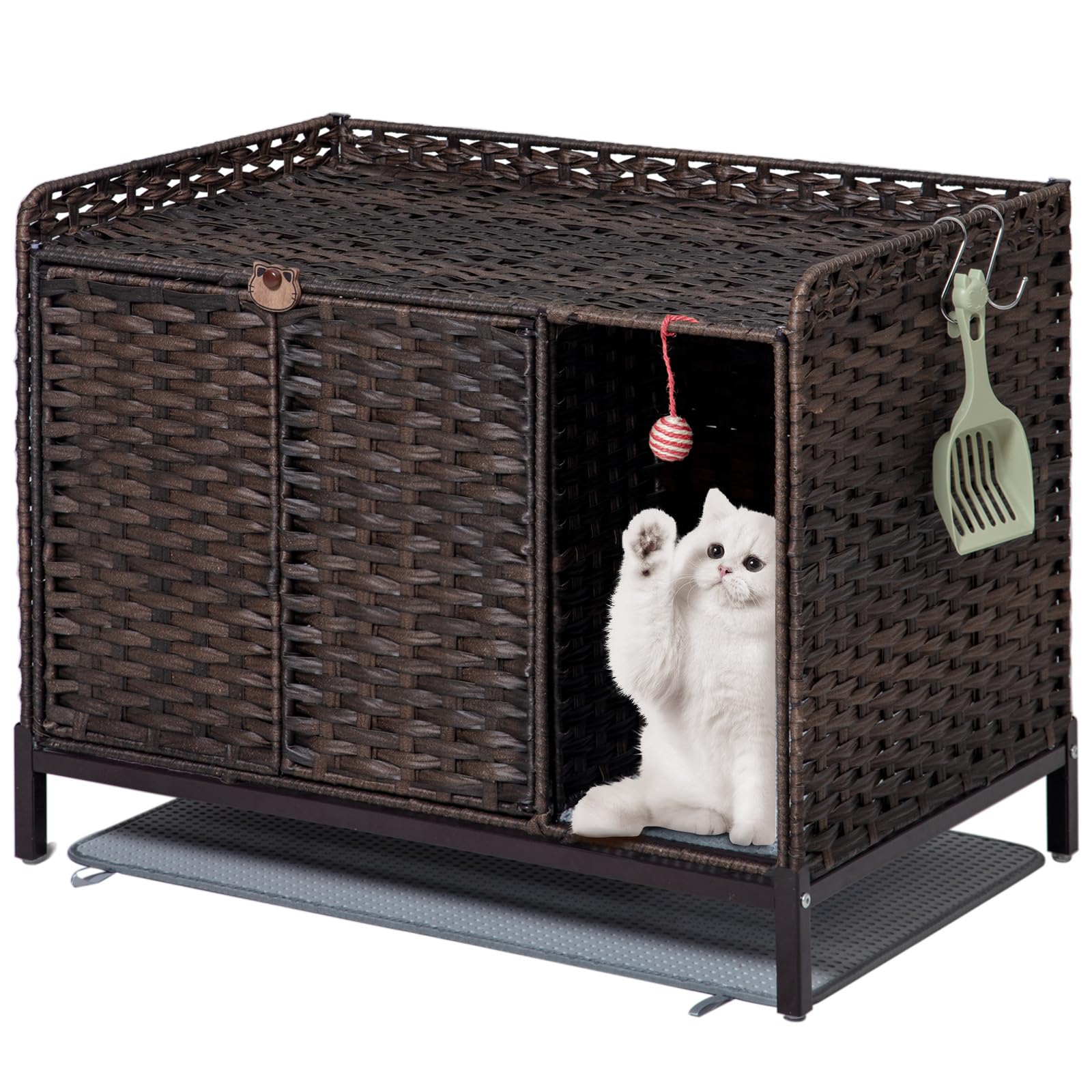 SETVSON Cat Litter Box Enclosure Furniture with Divider, Handwoven Rattan Litter Box with Mat, 31.2 x 19.6 x 24.2 Inches, Metal Heightened Feet,