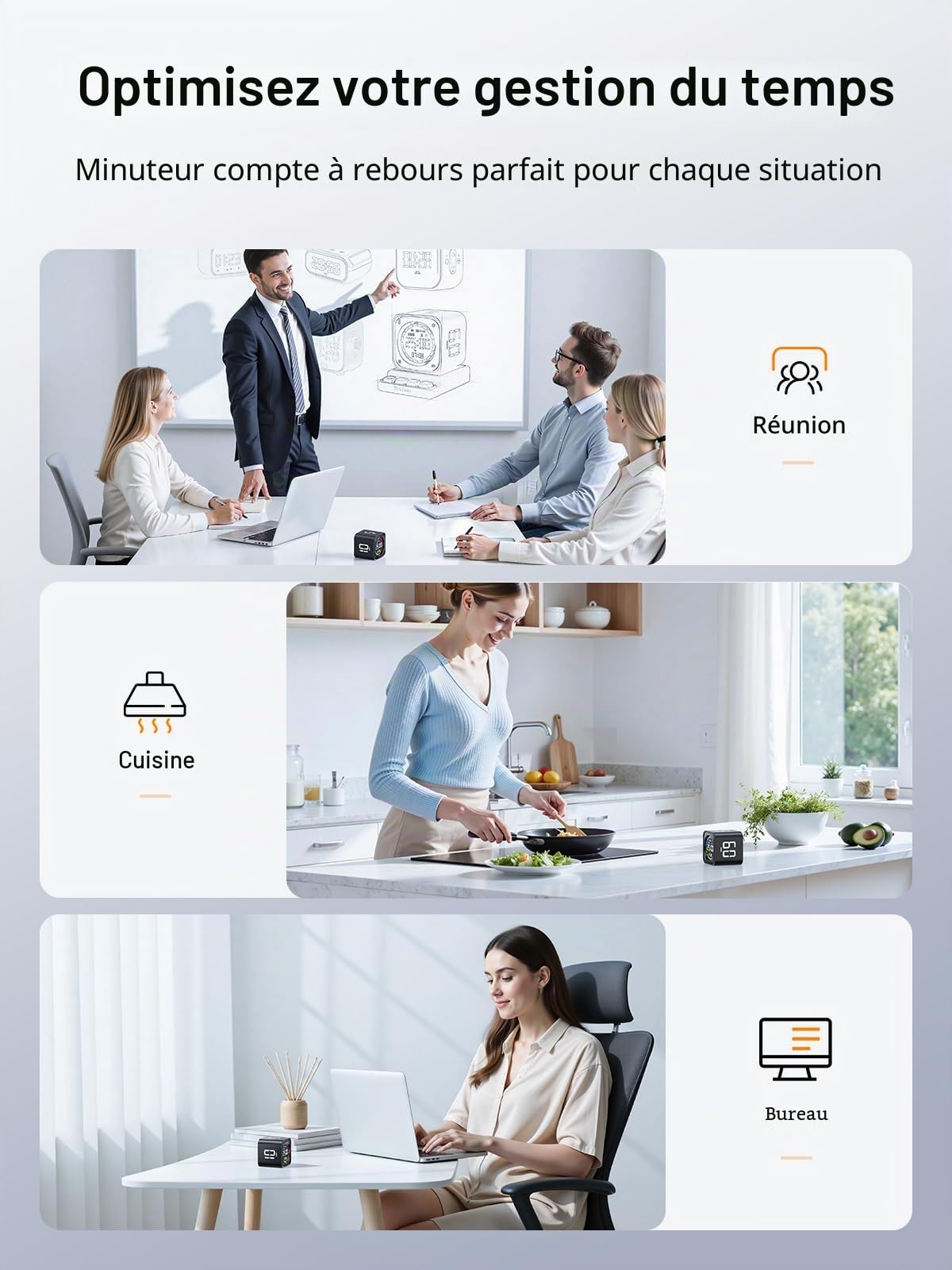 Ticktime TK3 Minuteur Pomodoro Cube, Préréglages 5/10/30/60 Min, Compte à Rebours Personnalisé, Chronomètre & Horloge, 3 Alarmes, Silencieux/Vibration/Son, Rechargeable pour TDAH Etude Travail, Noir