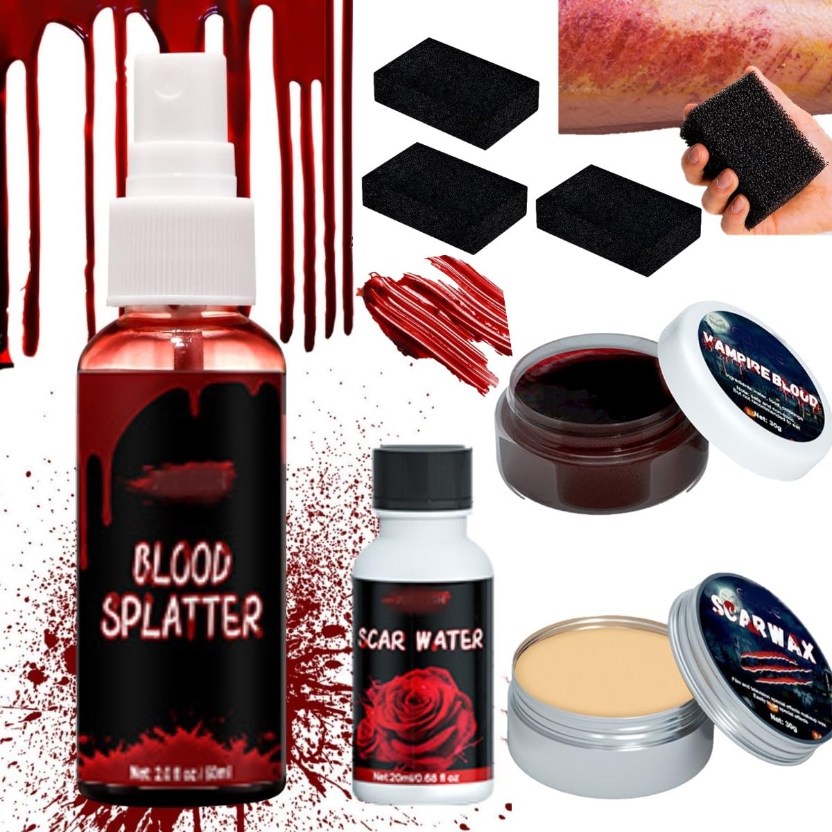 KARLOR Juego de 8 piezas de sangre artificial, espray de sangre para heridas, sangre artificial, esponja espesa, rascador para piel y cara, cicatriz, maquillaje, vampiro, zombie, sfx, set de