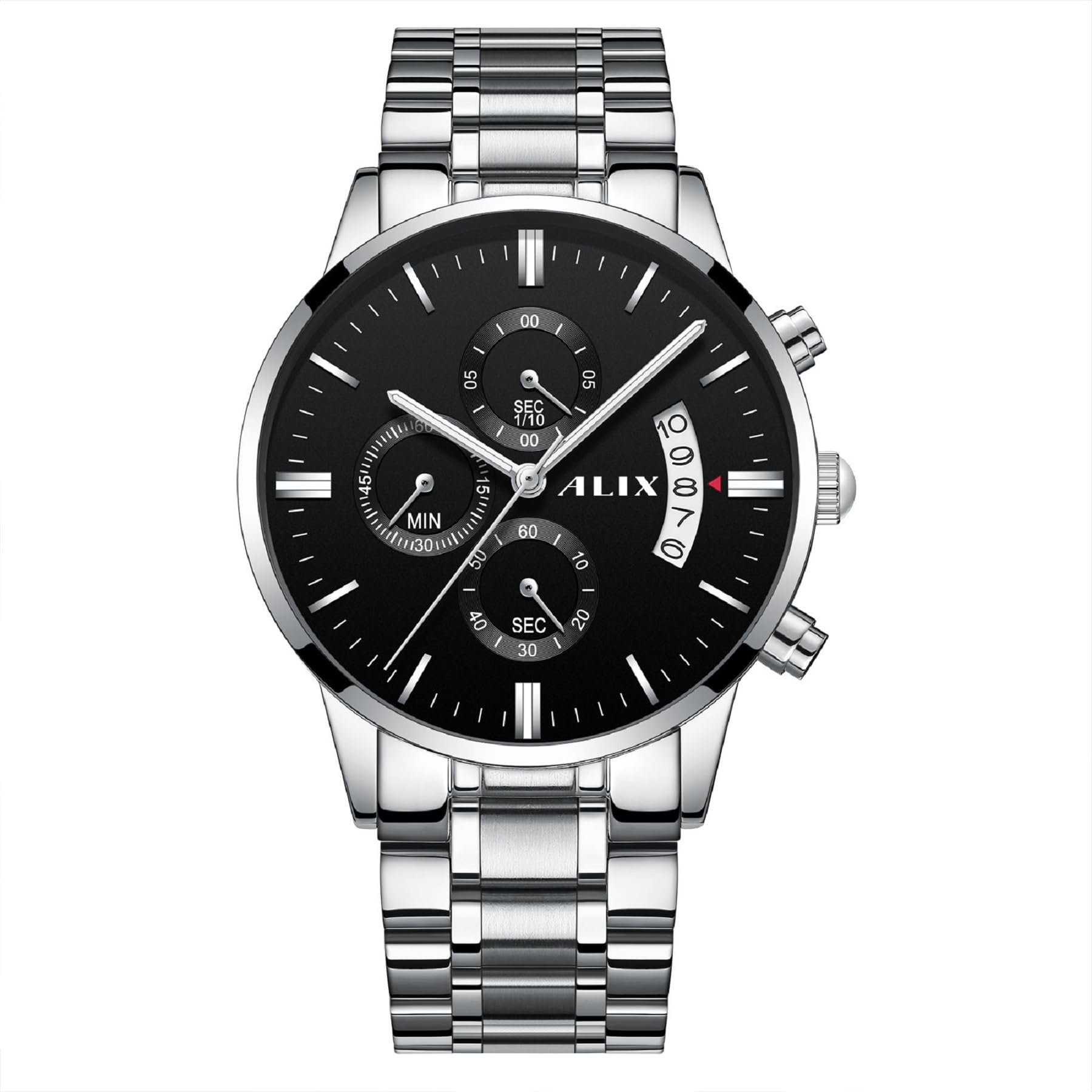 ALIX Stylish Silver Black Chronograph Date Display Water Resistant Analog Watch for Men (B0D9QMMM9N) Amazon Price History, Amazon Price Tracker