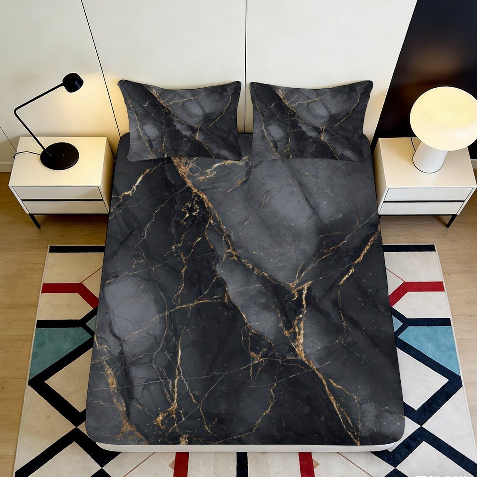 3D Printed Black Marble Fitted Sheet Microfiber Soft Gold Vein Bed Cover Anti-Slip Easy Care for Bedroom Guest Room Decor 180x200x25cm