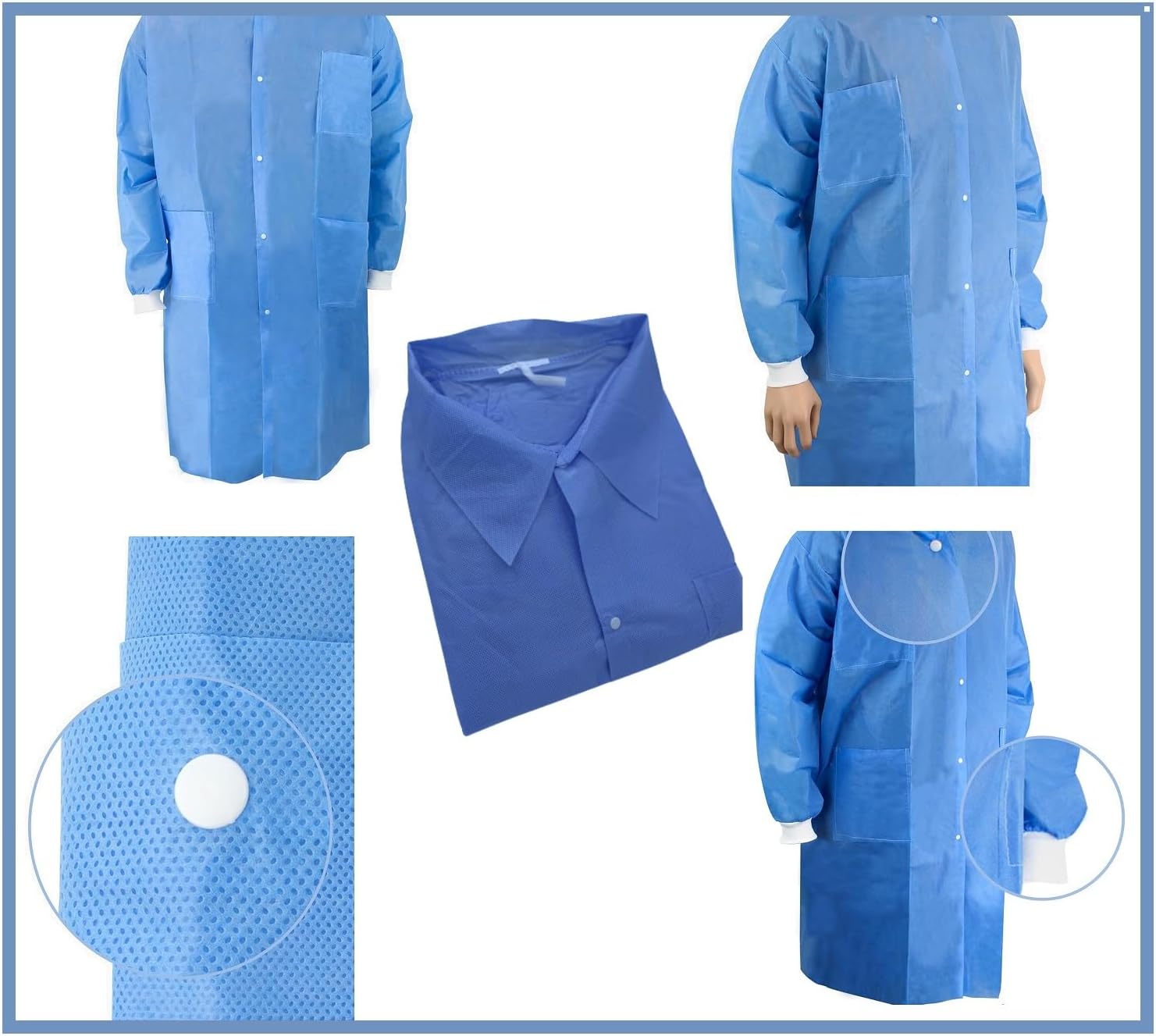 10/Pk Disposable Lab Coats Blue Large Knee Length Medical Lab Jackets with Three Pocket Durable Comfortable Easy to Wear