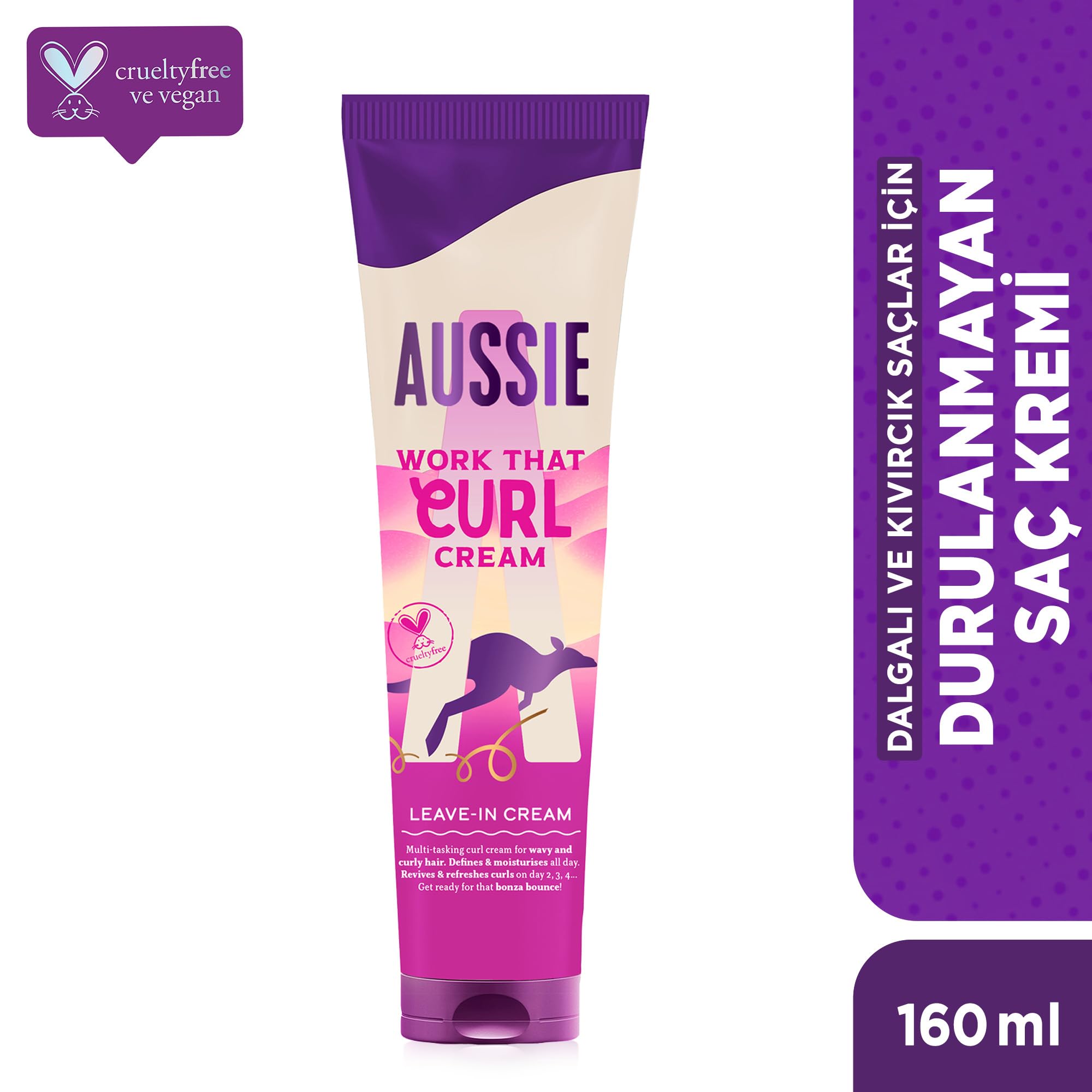 Aussie Work That Curl Curl Cream 160 ml, krem bez spłukiwania do definiowania i nawilżania falujących i kręconych włosów, nasycony olejem kokosowym, wegańskim i wolnym od okrucieństwa