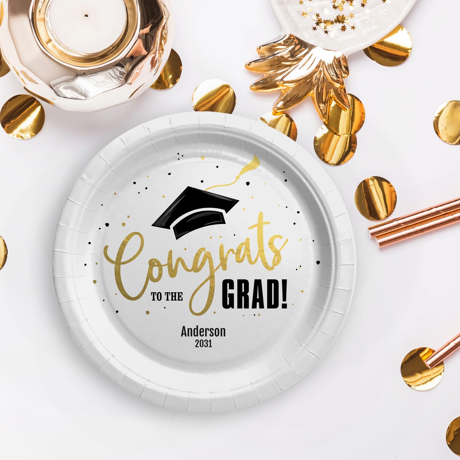 Canopy Street Personalized Congrats To The Grad Paper Plates / 24 Congratulations Graduation Dessert Plates/Custom Round 7 1/2" Diameter Black And Gold Party Plate/Made In The USA