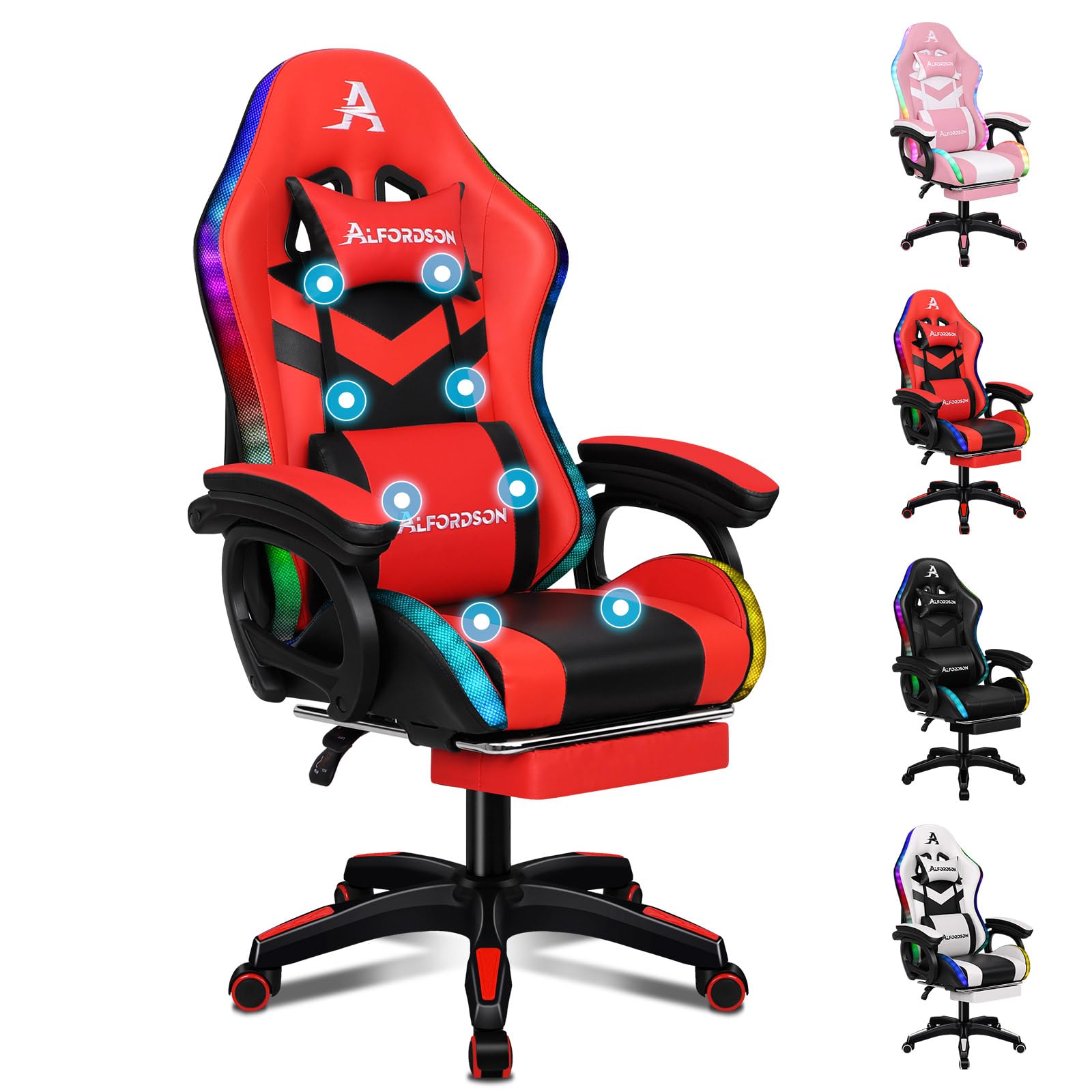 ALFORDSON Silla Gaming con Masaje y LED, Silla Gamer Ergonómica con Cojín Lumbar y Cervical, Reposapiés Telescópico, Iluminación para Ordenador, Videojuego, Juegos, Oficina, Cuero PU(Roja)