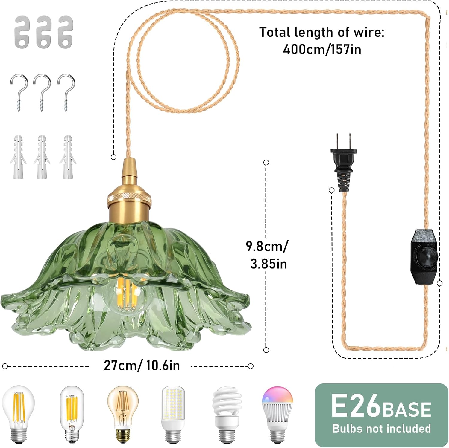 Plug in Pendant Light Fixtures,Hanging Light Fixture Corded On/Off Switch,10.6in E26 Green Glass Lampshade Pendant Lighting for Kitchen Island, Bedroom, Dining Room