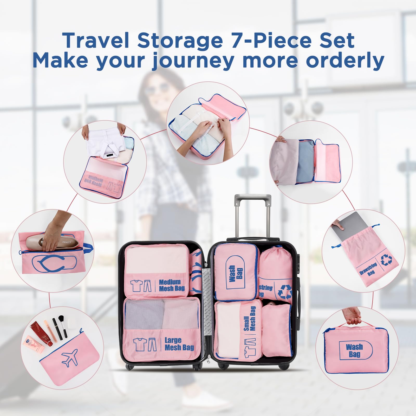 AiQInu Organizer Valigie 7 Pezzi Set,Waterproof Packing Cube Set Viaggio Organizer per i Vestiti,Scarpe,Intimo