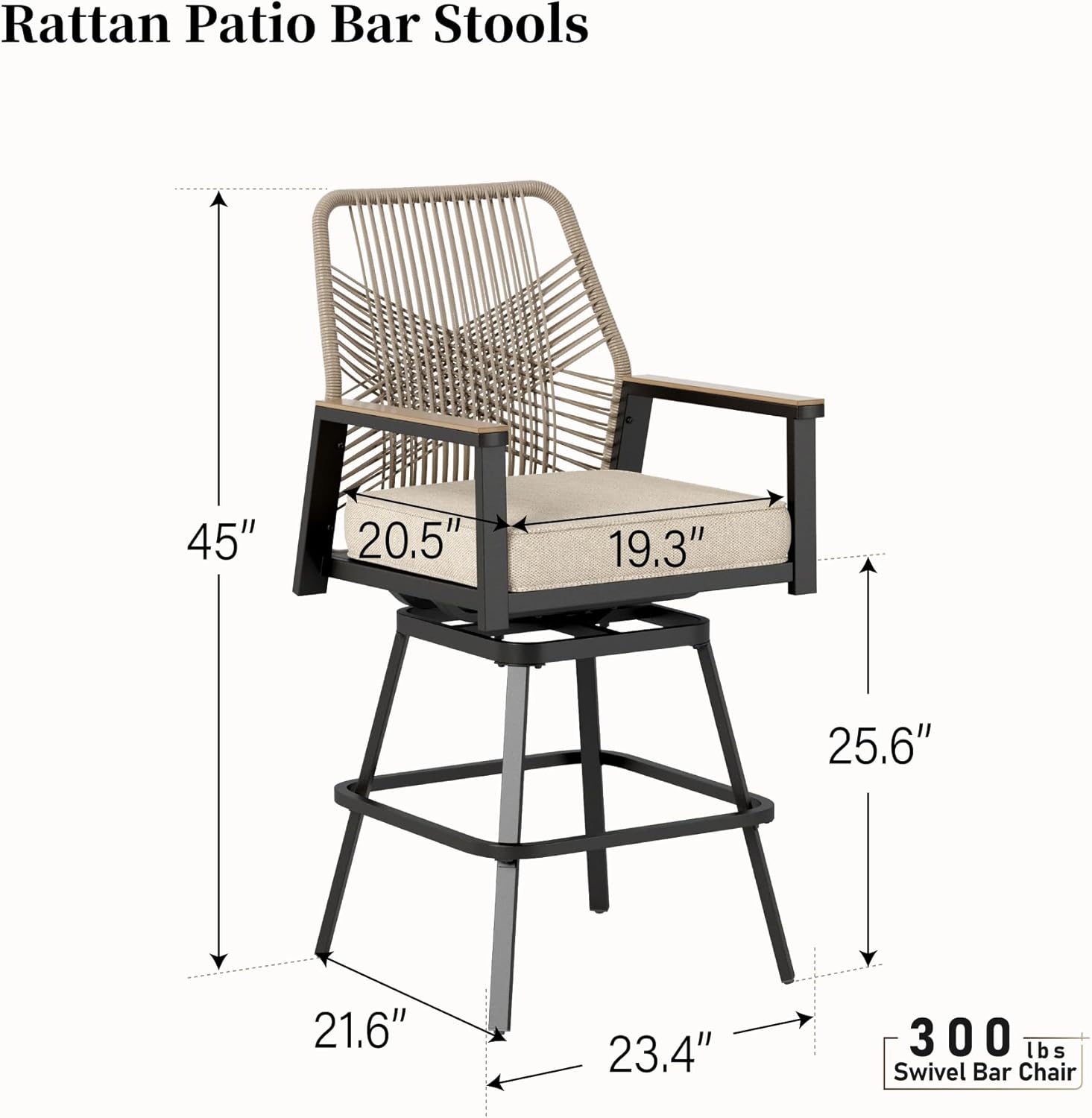 SUNSHINE VALLEY Outdoor Swivel Bar Stools Set of 2, Rattan High Top Patio Chairs with Waterproof Cushion and Armrest, All-Weather Bar Height Furniture for Outside Patio Balcony and Pool, Beige