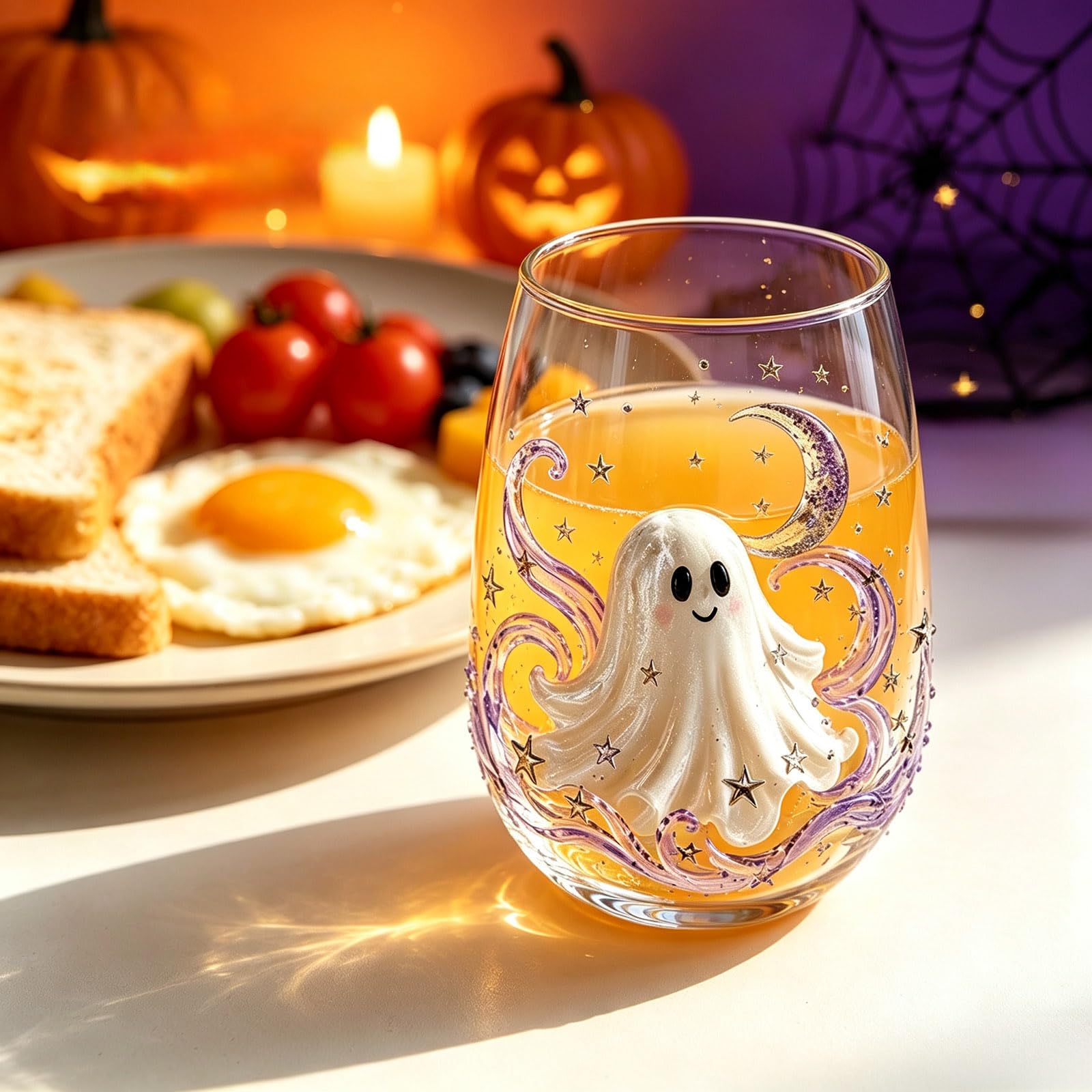 Halloween-2D-Glaswaren-Kollektion, Stiellose Trinkgläser mit erhöhtem Kürbis-Geist, schwarzes Katzennetz-Design, gruselige, transparente Becher für Cocktails, Saft, Eiskaffee, Party-Geschenk