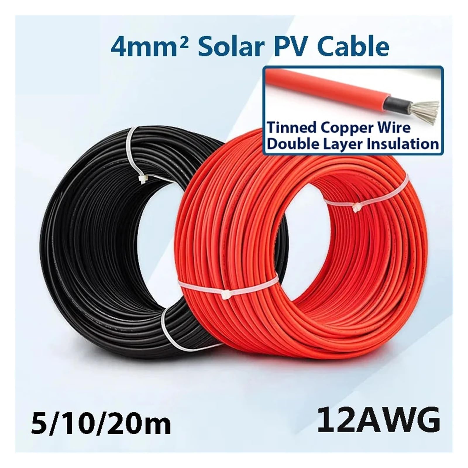 Solar-Kabel Photovoltaik-Kabelverlängerung, Solar-Photovoltaikkabel 4 mm² 12 AWG, geeignet for mehrfarbige Photovoltaikmodule von 5 bis 100 Metern(Red Cable,5M-12 AWG-4MM2)