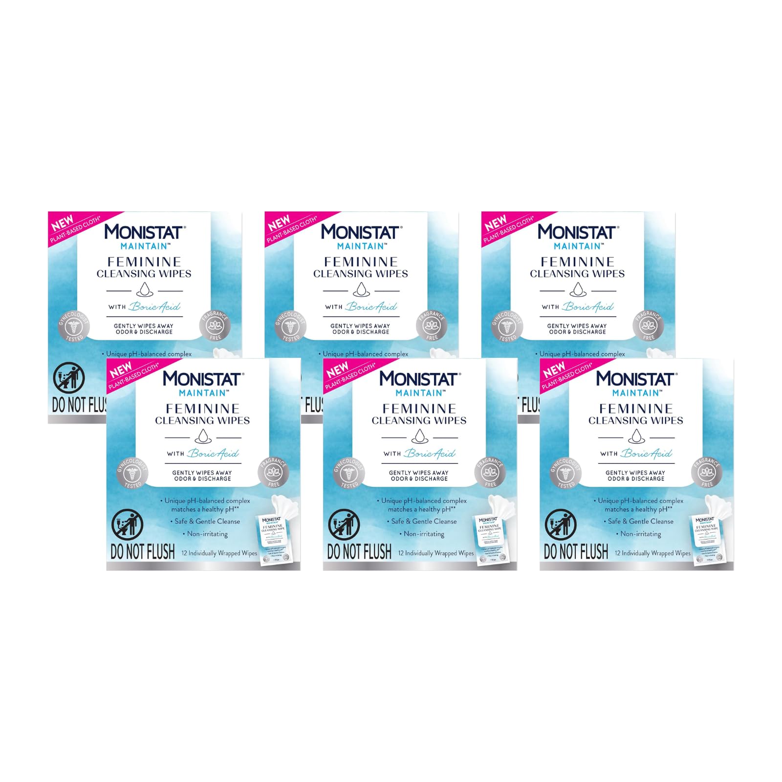 Monistat Maintain Feminine Wipes for Feminine Care Fragrance Free 12 Count Pack of 6