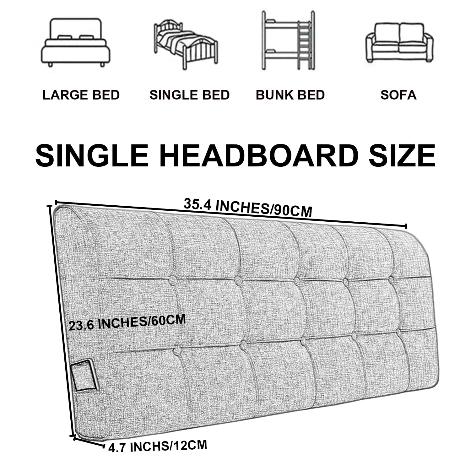 (FR:Tête de lit capitonnée en Lin, tête de lit capitonnée à Fixation Murale, tête de lit épaisse, Dossier de lit, Coussin de Chevet Amovible pour Chambre à Coucher, Tatami, Gris, Chevet 35