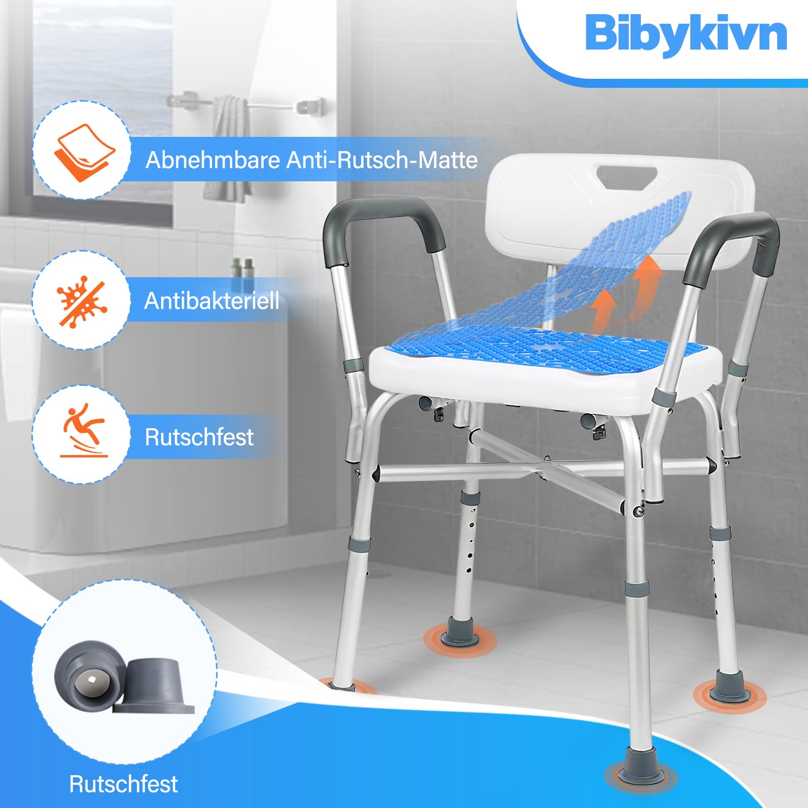 Duschhocker für Senioren - 210 KG Duschstuhl mit Rückenlehne und Armlehne, Höhenverstellbar Duschhilfe für Ältere, Schwangere, Menschen mit eingeschränkter Mobilität, Badewanne, Dusche, Fußhocker