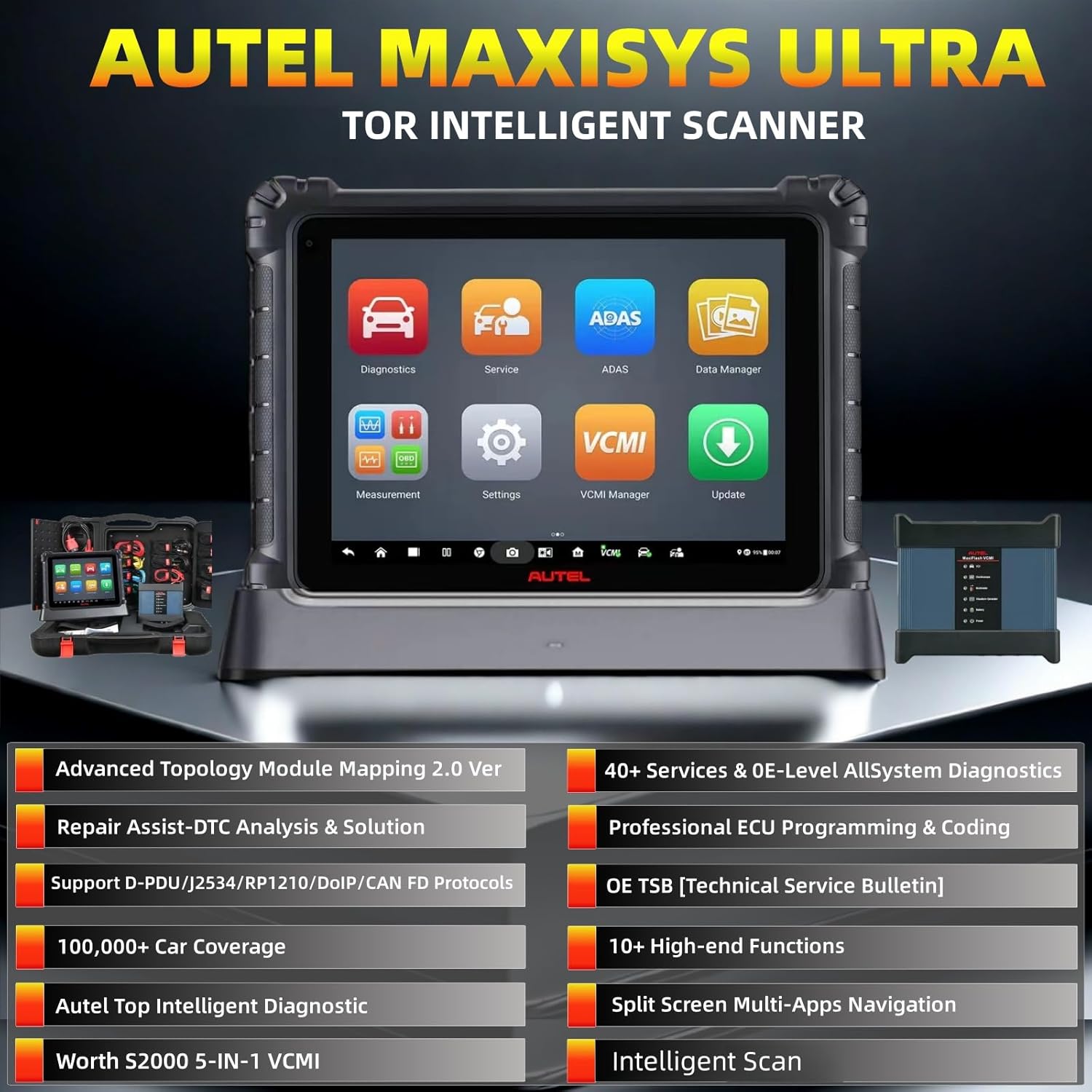 Autel MaxiSys Ultra tablet and VCMI connected to a vehicle