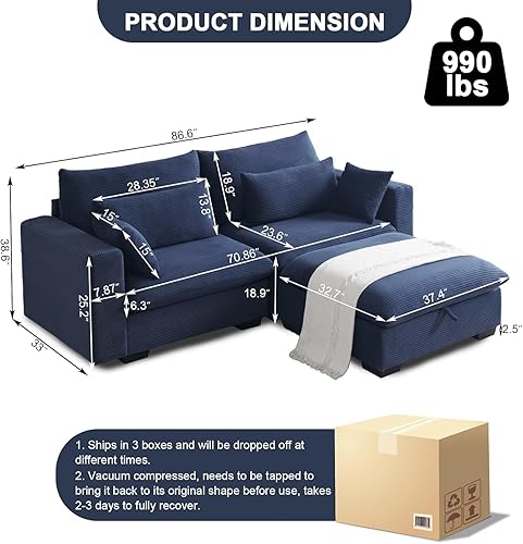 Miniatura 2 de asunflower Sofá biplaza con otomana de almacenamiento, sofá modular en forma de L de 86.6 pulgadas para sala de estar de espacio pequeño, sofá de