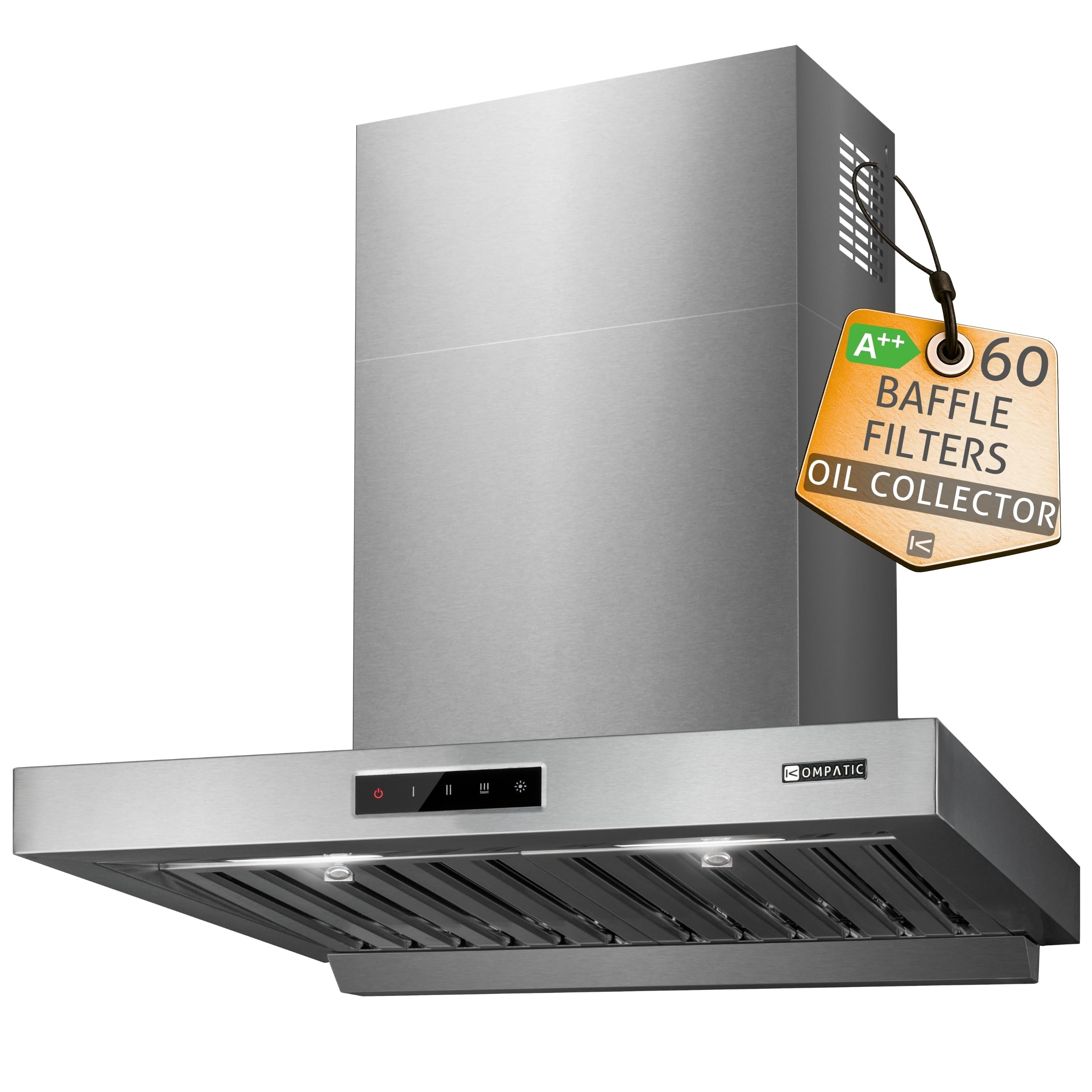 Campana Extractora de Pared Kompatic Form 60 KF60WPS, 60 cm, 800 m³/h, Clase A++, Motor Brushless, Filtros Baffle, Control Táctil, LED, 3 Velocidades + Boost, Negro Mate (Acero inoxidable, 60 cm)