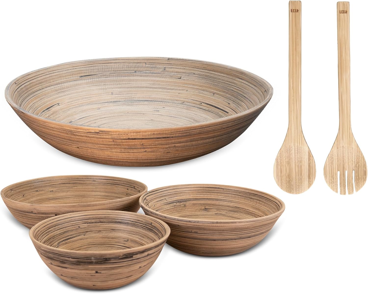 LEXA 5-Piece Handcrafted Bamboo Serving Bowl Set, 14”, 12”, 10”, 8” Bowls & Salad Utensils, Spun Bamboo Dinnerware, Artisan-Made for Entertaining, Serving & Home Décor (Black)