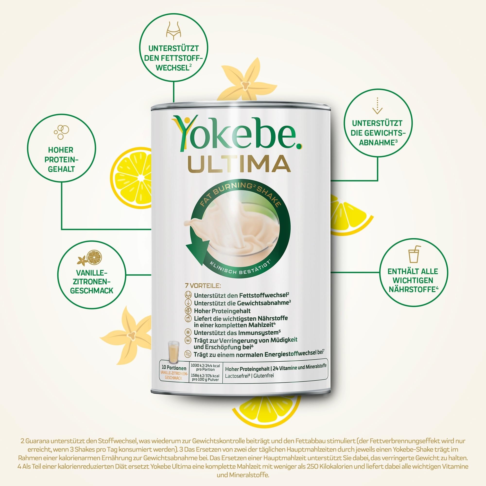 YOKEBE Ultima – Diätshake zur Unterstützung des Fettstoffwechsels (2) & der Gewichtsabnahme – glutenfrei, laktosefrei, vegan – Vanille-Zitronen-Geschmack & Guarana – mit hohem Proteingehalt – 400 g