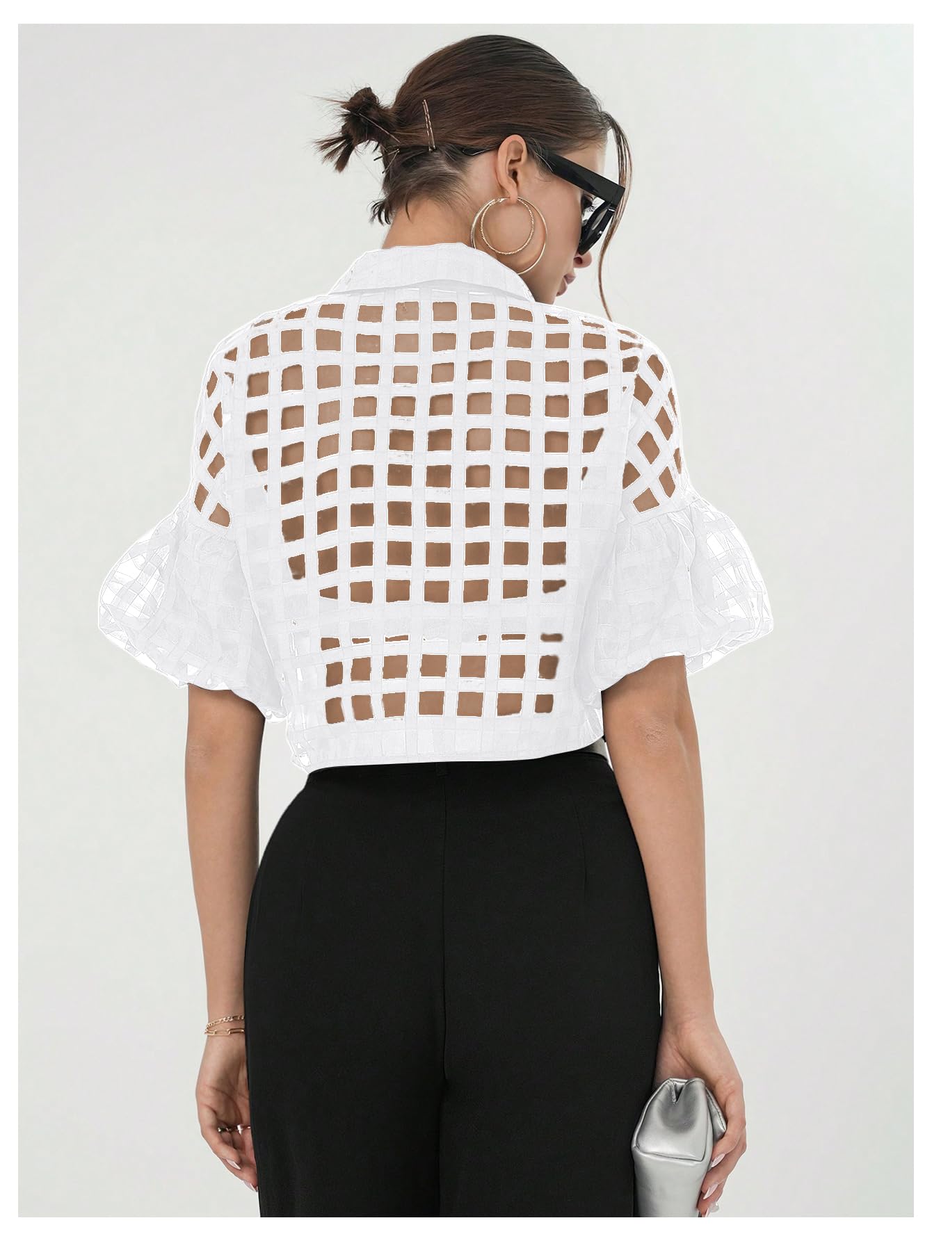 Floerns Damen-Bluse mit Knopfleiste, durchsichtig, Netzstoff, kurze Ärmel, Kragen, bauchfrei
