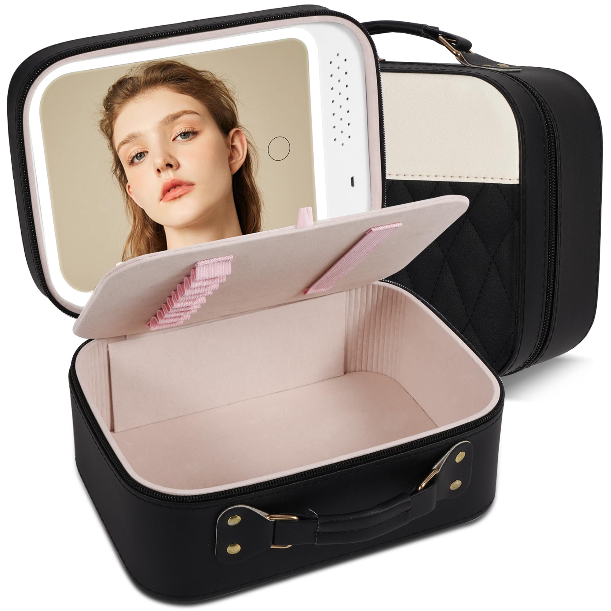 LEAFEELM-Box Travel Makeup Bag With LED Mirror, Protable Size Makeup Case Travel Cosmetic Bags Brush Organizer Storage Box, Rechargeable Vanity Mirror, Cosmetic Travel Bag for Women. (Black)