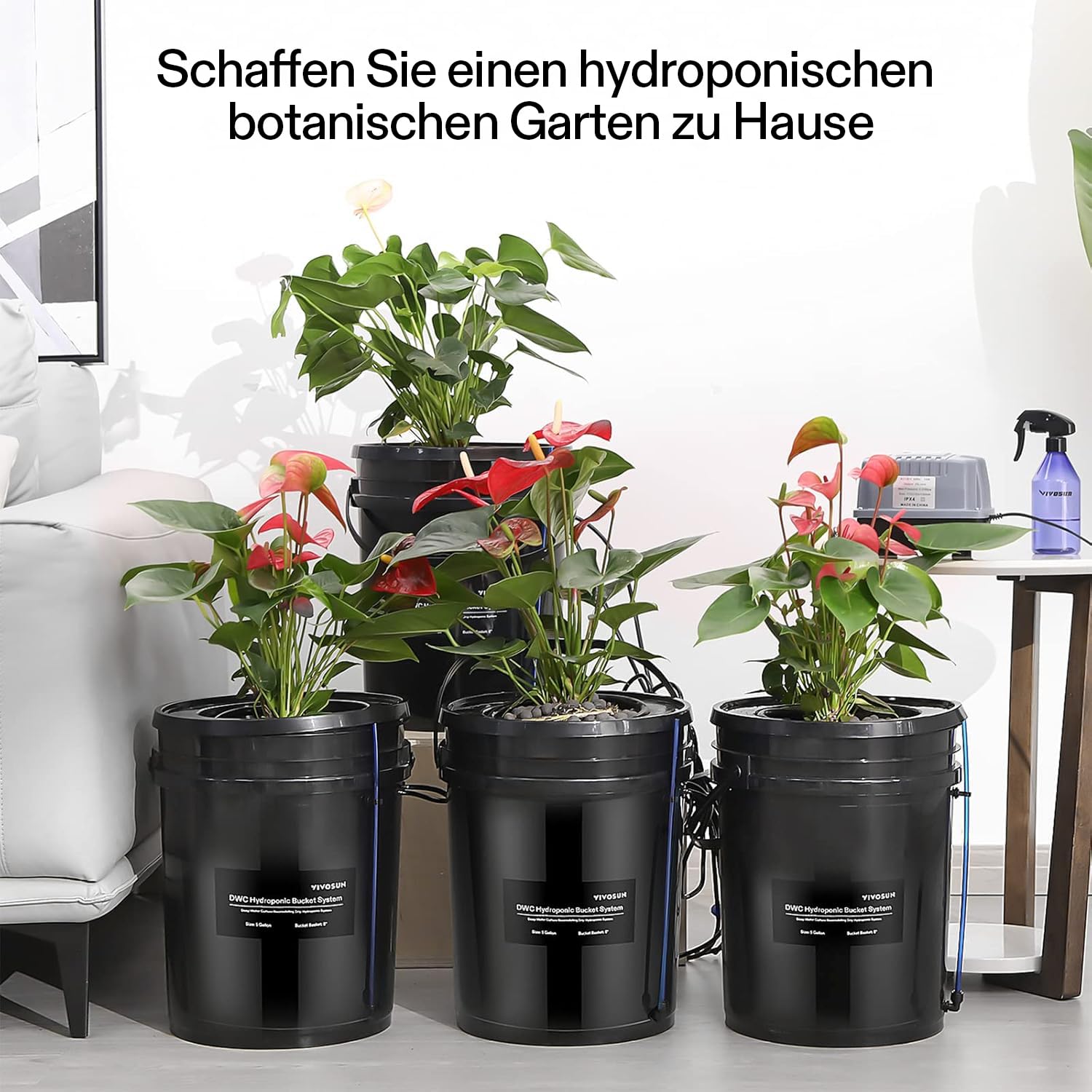 VIVOSUN DWC Hydrokultur-Wachstumssystem, 1,7 l tiefe Wasserkultur, Umlufttropfsystem mit Mehrzweck-Luftschlauch, Luftpumpe und Luftstein (4 Eimer + Top Drip Kit)