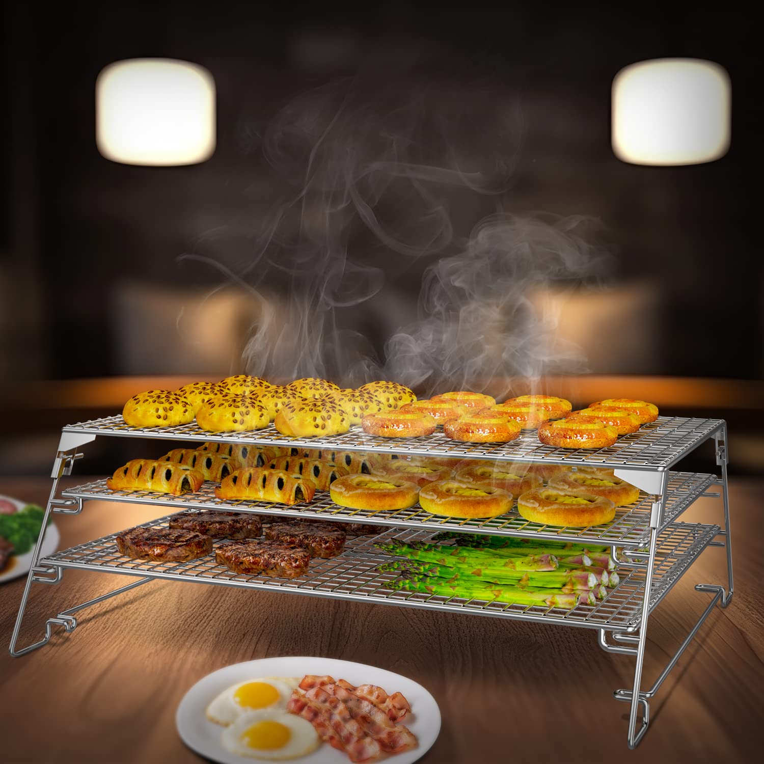 SafBbcue 3 Tier Foldable Multipurpose Jerky Rack Warming Rack for Most Grills Kamado Joe, Pit Boss Traeger 575 Pro 34 Pellet Smoker Grill Accessory Cooking Expansion -Stainless Steel