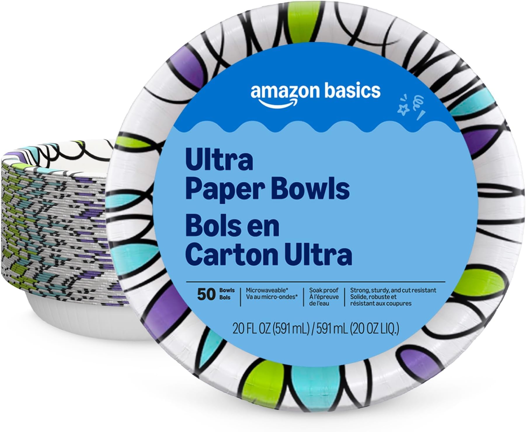 Amazon Basics Ultra Disposable Paper Bowls, 20 Oz, Microwave Safe, Soak Proof, Strong &amp; Sturdy, White, 50 Count (Pack of 12)