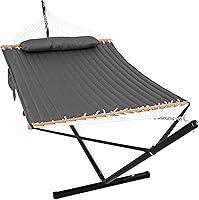 Gafete 2-Person Hammock with Heavy Duty Steel Stand, 55in Quilted Double Bed, 475lbs Capacity, Pillows & Storage Bags - Haze Gray