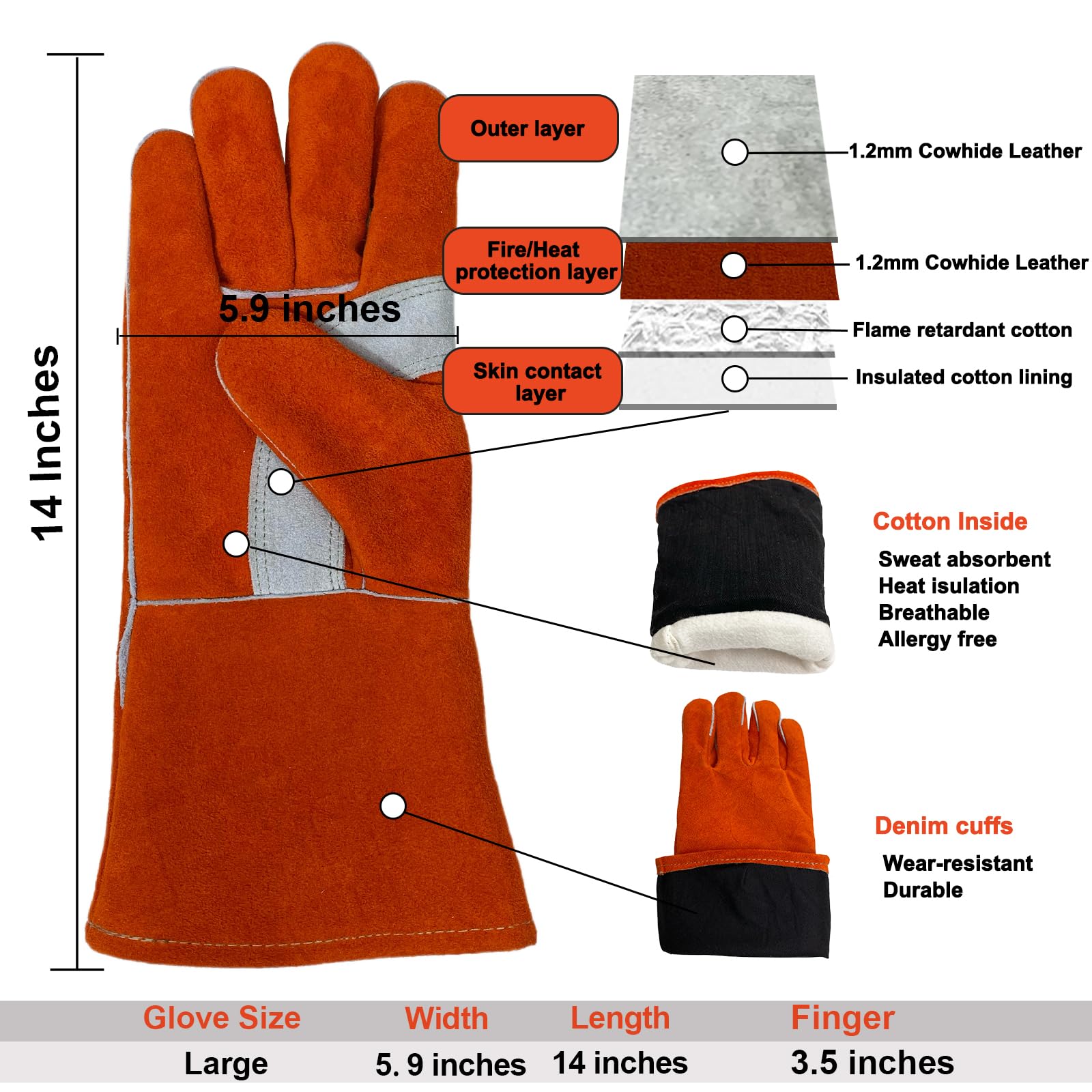 Guanti da saldatura in pelle resistenti al calore, 35 cm / 14 in, 122 gradi Fahrenheit, guanti da saldatura in pelle resistenti al calore per Tig/Mig/Stick, guanti per barbecue, forno