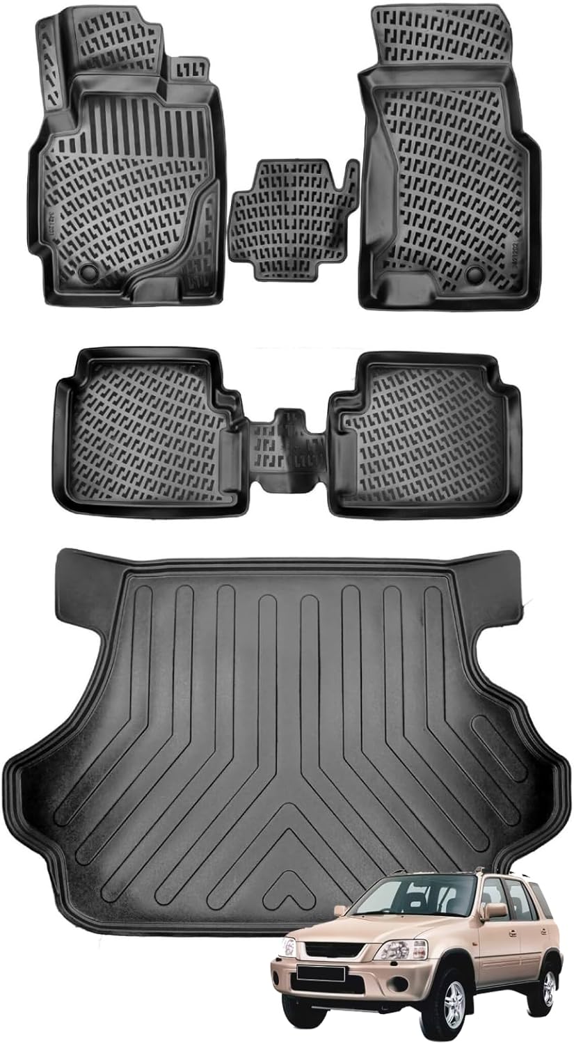 Car Floor Mats + Cargo Liner Compatible for Honda CR-V 1995-2001 Black | Front & Rear Full Set Trunk Mat with Floor Mats | Waterproof | All Weather | High Tech Mat | Car Accessories