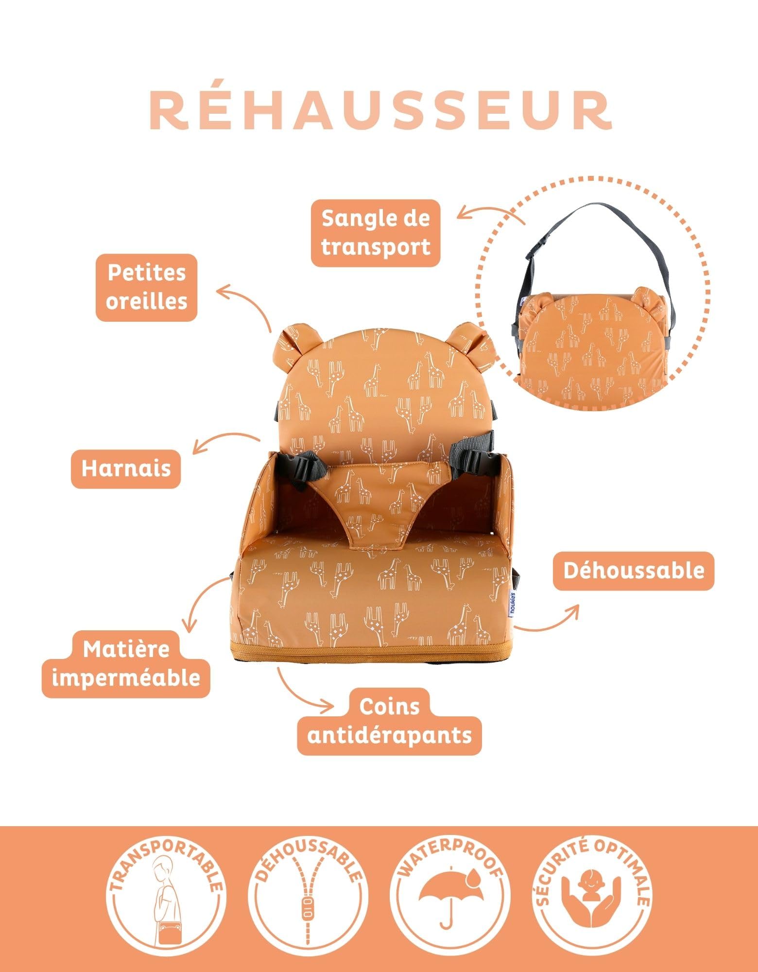 Rehausseur Ocre Bébé 9 mois à 3 ans Chaise Enfant Pliable Nomade Harnais Sécurité Imperméable Déhoussable Lavable Max 13 kg