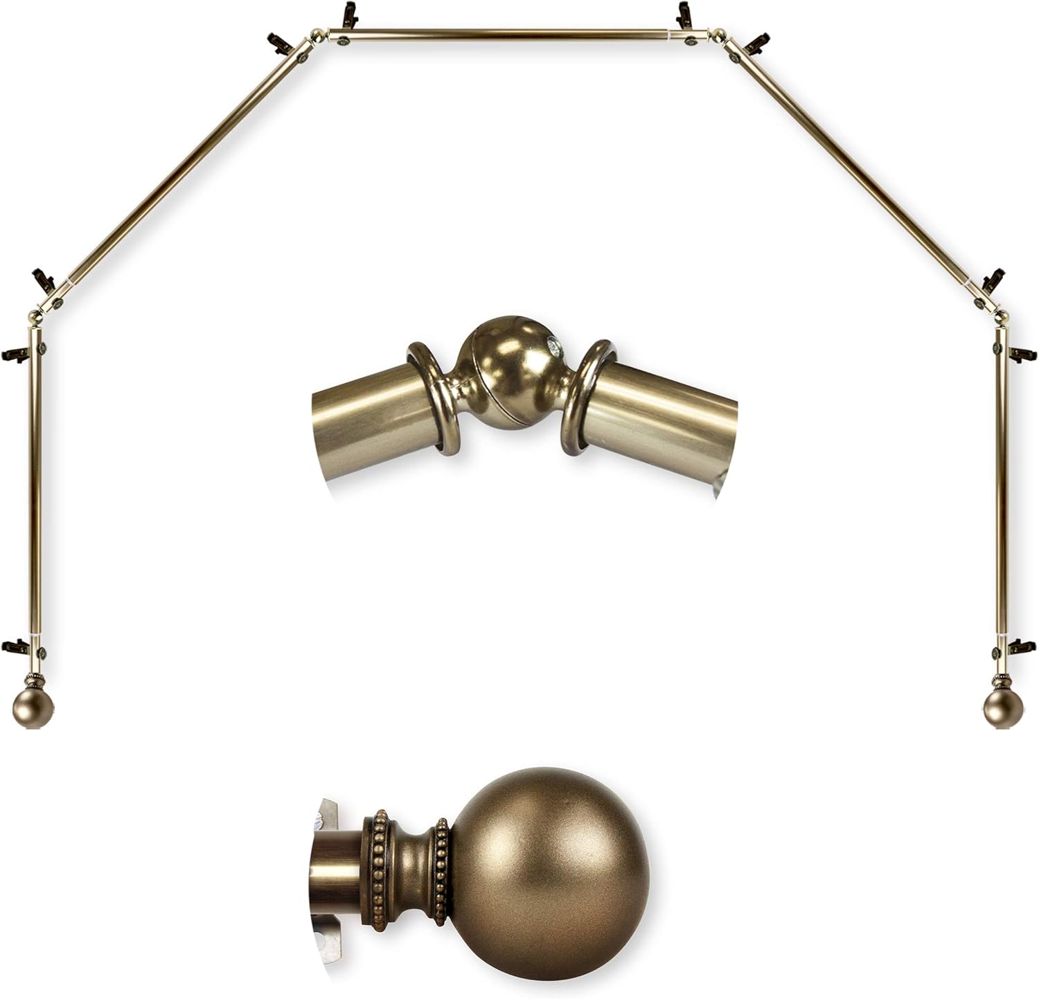 A&F Rod Décor - Cleo 13/16" 5-Sided Bay Window Curtain Rod 28-48 inch (each side) - Antique Brass